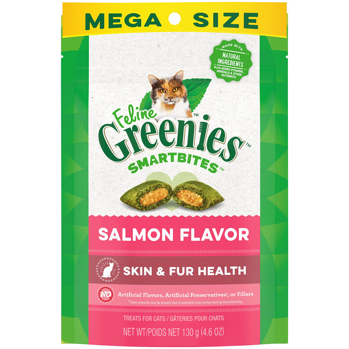 Feline Greenies Smartbites Skin & Fur Health Crunchy And Soft Natural Cat Treats, Salmon Flavor, 4.6 Oz. Pack