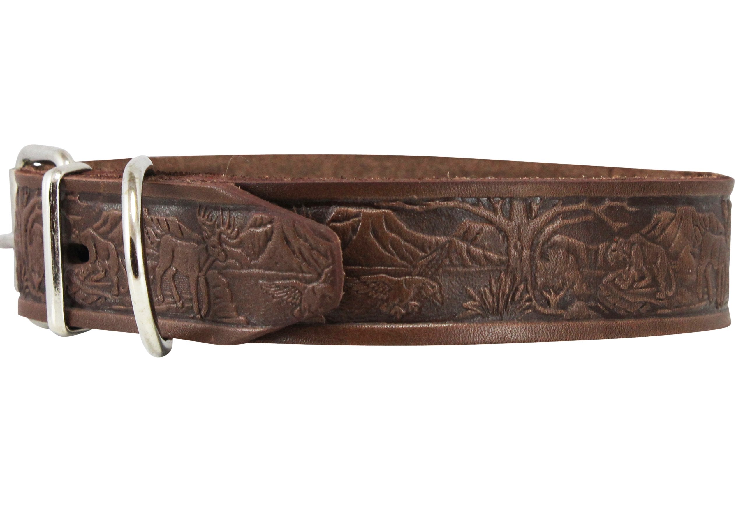 Genuine Tooled Leather Dog Collar Hunting Pattern Brown 3 Sizes (Neck Circumf: 10.5''-14''; 1'' Wide)