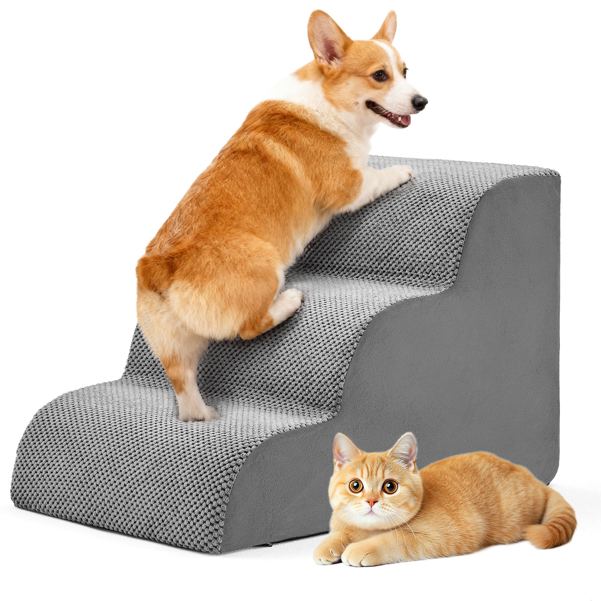 DUMOS Dog Stairs Ramp for Small Dogs and Cats, 3-Step Curved Pet Dog Steps with High-Density Foam for Puppy and Older Cats, Indo