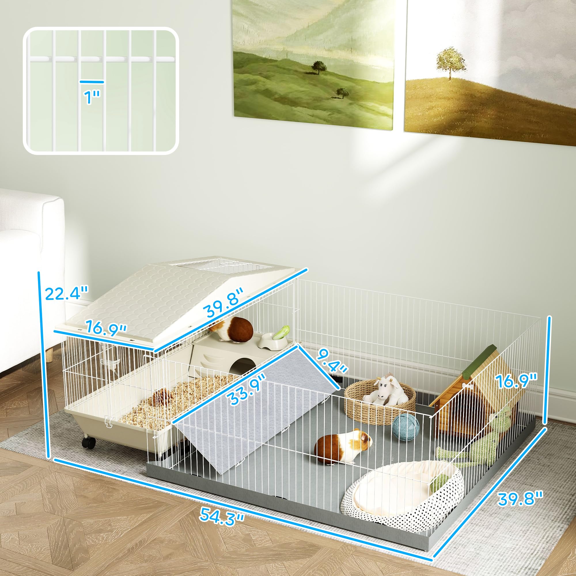 PawHut Small Animal Cage, Guinea Pig Cage with Removable Pet Playpen, Waterproof Pad, Food Dish, Water Bottle, Hay Feeder, Soft-