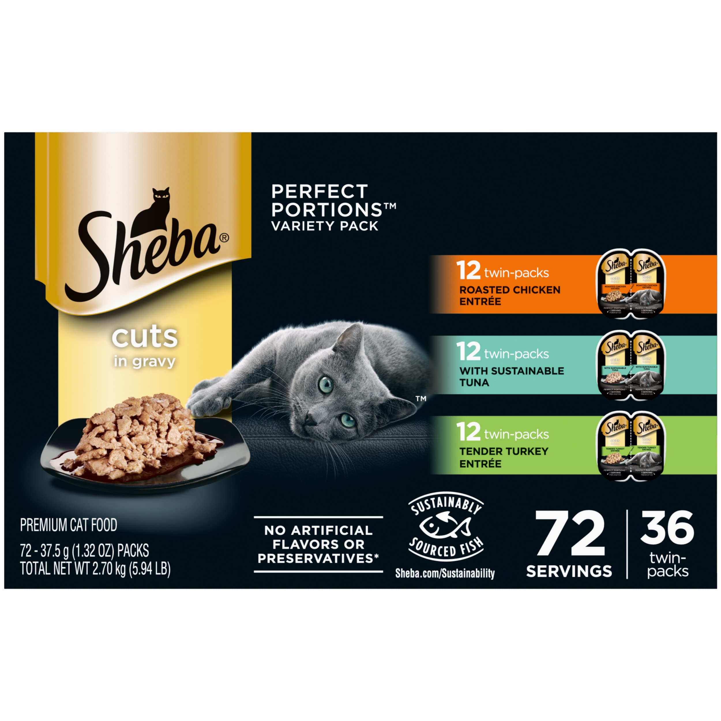 Sheba Perfect PORTIONS Cuts in Gravy Wet Cat Food Trays (36 Count, 72 Servings), Roasted Chicken, Signature Tuna and Tender Turk