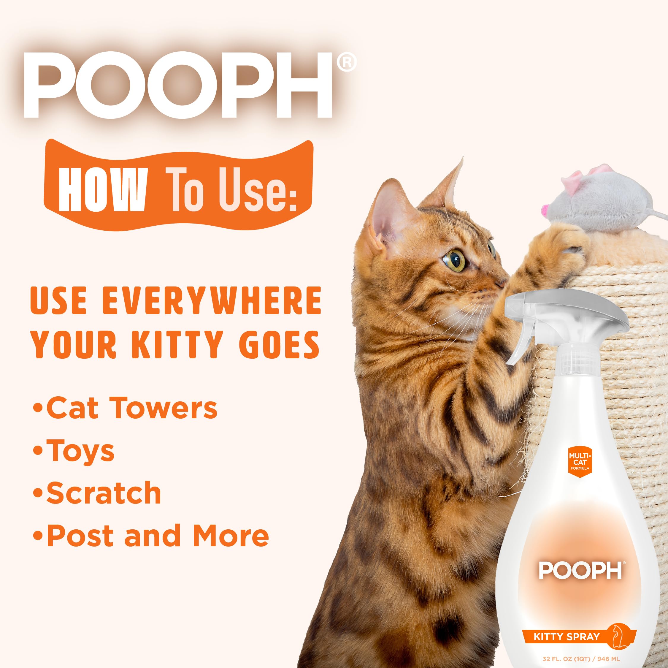 Pooph Kitty Litter Box Deodorizer, 32Oz Spray - Dismantles Odors On A Molecular Basis, Cats, Freshener, Eliminator, Urine, Poop, Pee, Deodorizer, Natures, Fresh, Clean, Furniture, Potty, Safe