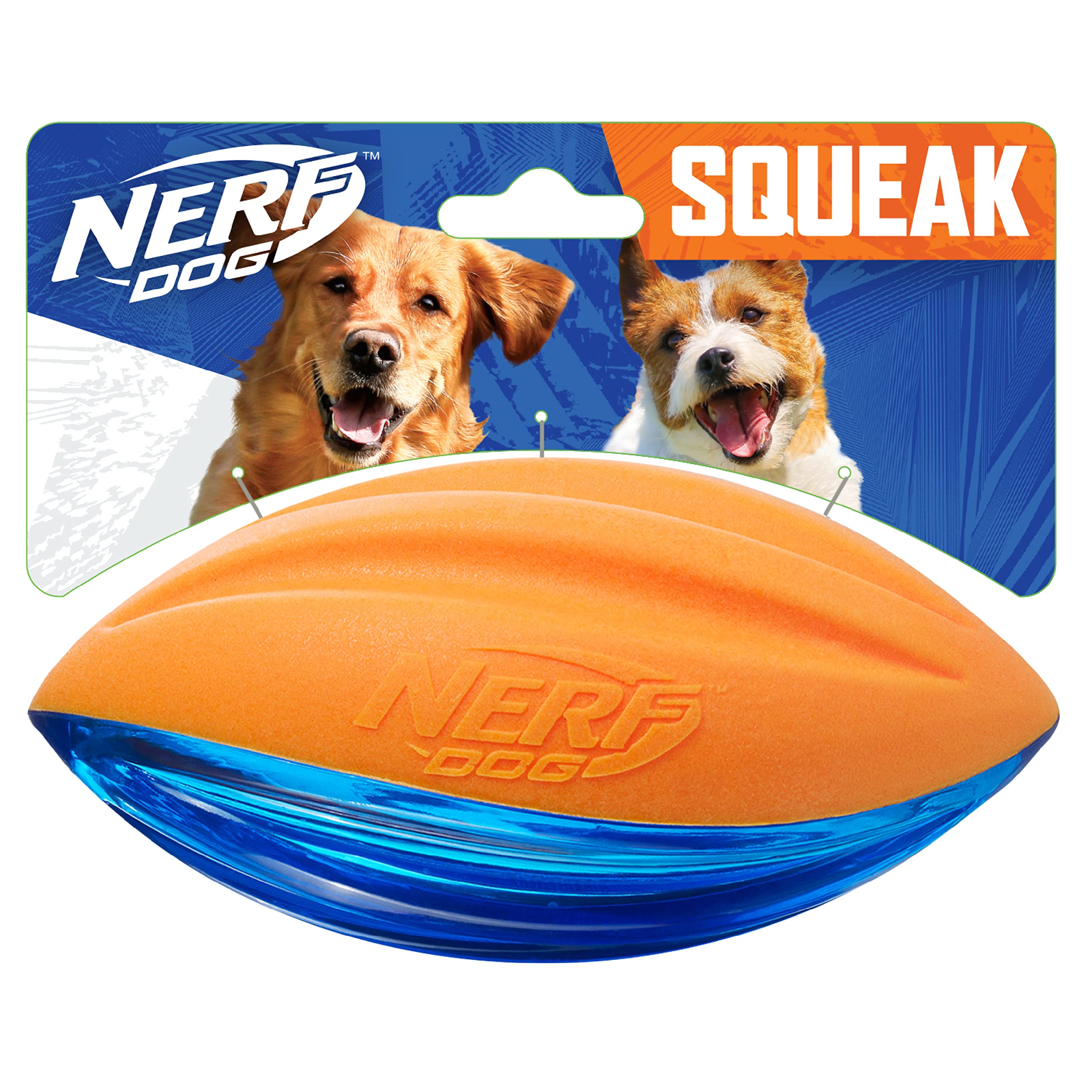 Nerf Dog Rubber Football Dog Toy With Interactive Squeaker, Lightweight, Durable And Water Resistant, 6 Inches, For Medium/Large Breeds, Single Unit, Blue And Orange