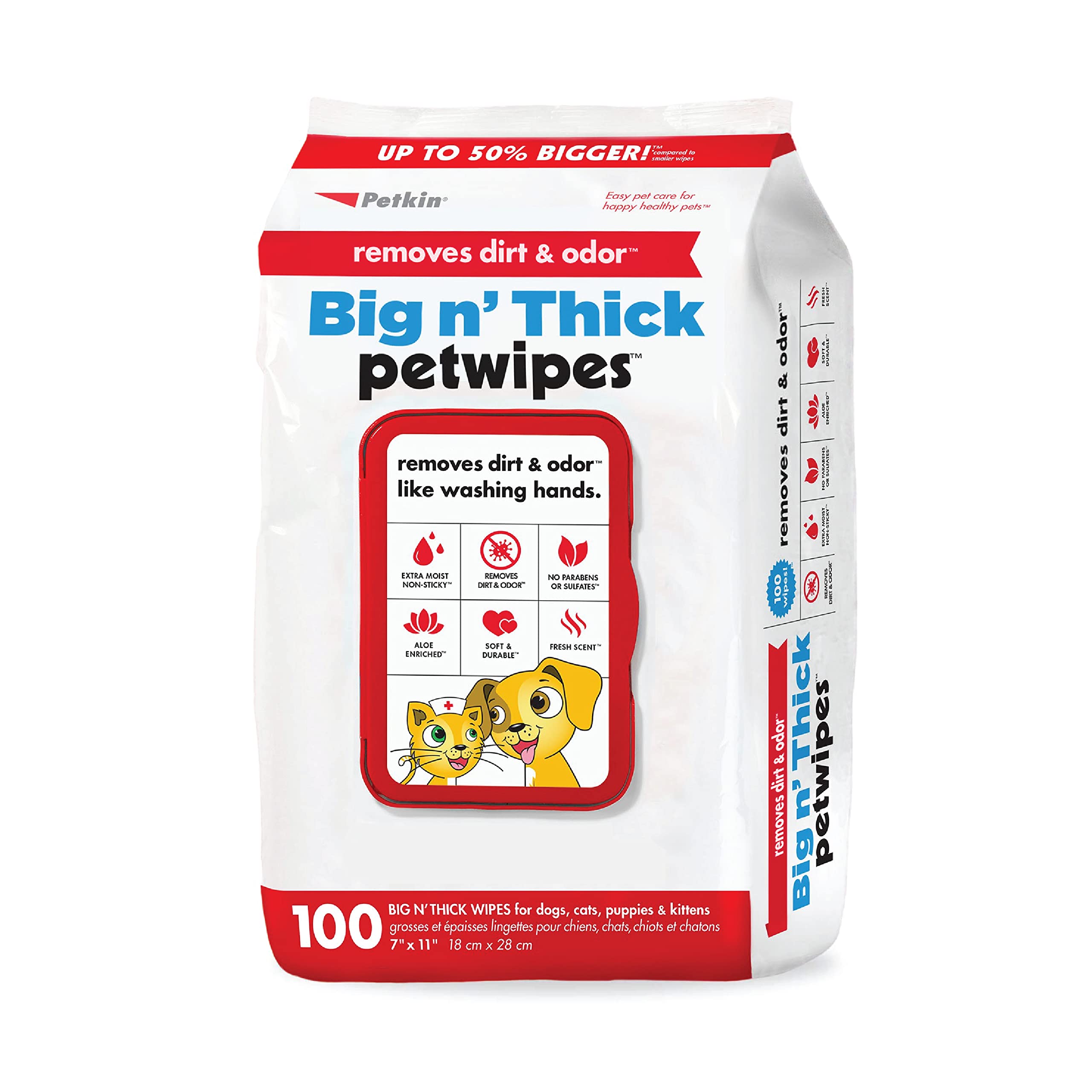 Petkin Pet Wipes For Dogs And Cats, 100 Large Wipes - Removes Dirt & Odor Like Washing Hands - Cleans Ears, Face, Butt, Eye Area