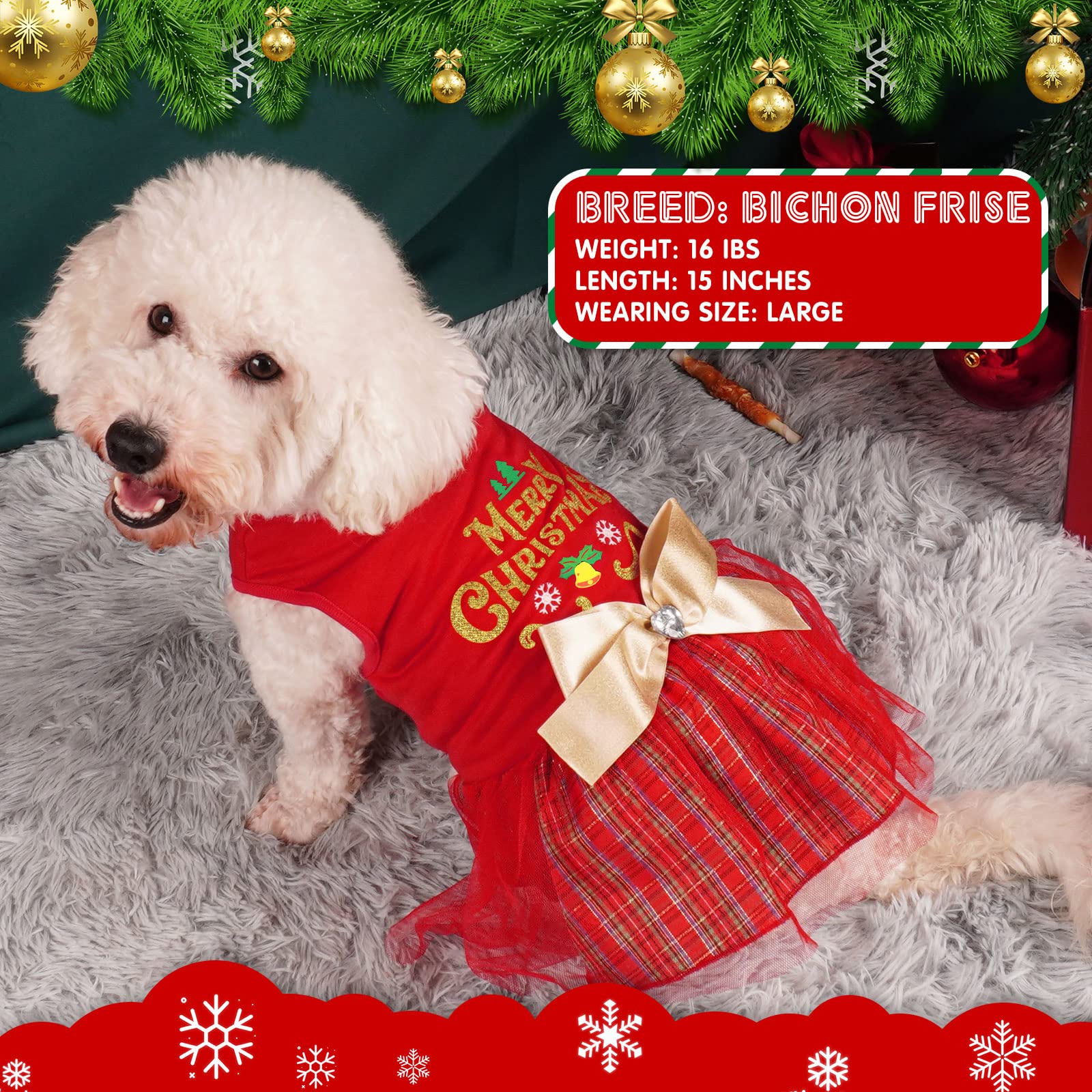 Cyeollo Christmas Dog Dress Holiday Theme Plaid Dog Dresses For Small Dogs Doggie Bowtie Girl Dog Clothes Cat Apparel