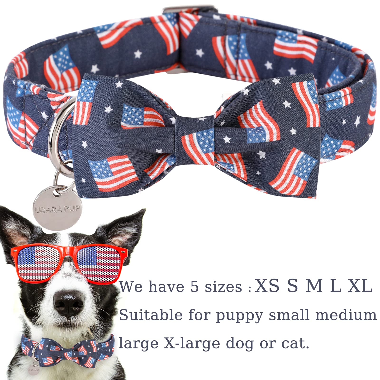 Up Urara Pup American Flag Dog Collar With Bow Tie, 4Th Of July Comfortable Cotton Cute Dog Collar With Metal Buckle, Patriotic