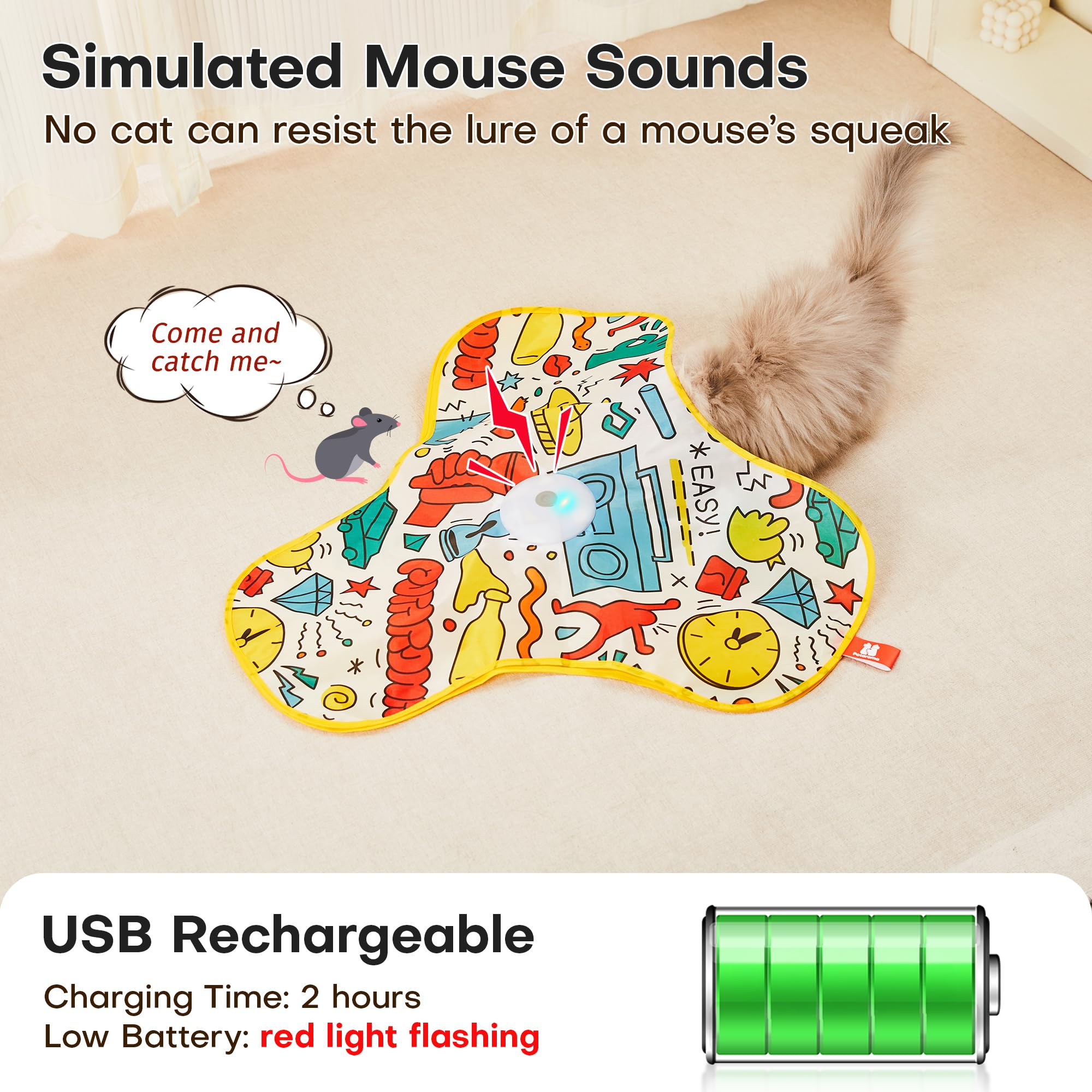 Potaroma Interactive Cat Feather Toys, Hide And Seek Concealed Moving Feather Wand, Rechargeable Touch Activated Indoor Kitten E