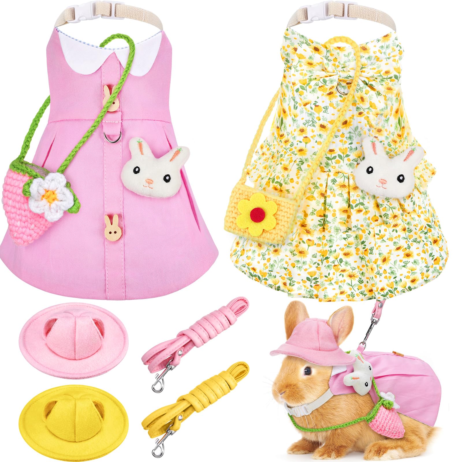 Petjoy 2 Sets Rabbit Clothes for Bunnies with Harness Leash, Hat, and Mini Bag - Adjustable Easter Bunny Clothes for Small Anima