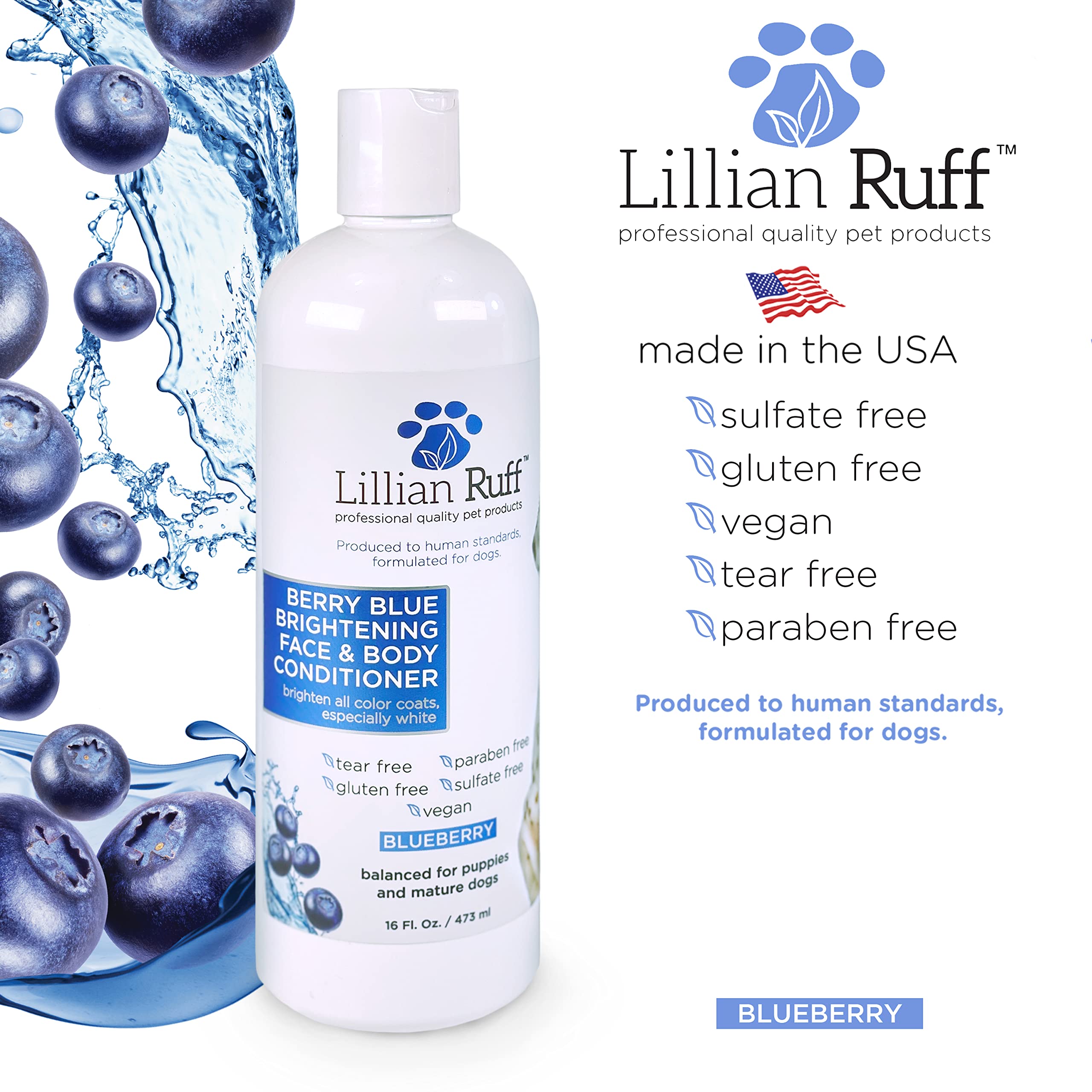 Lillian Ruff Berry Blue Brightening Face And Body Conditioner For Dogs & Cats - Tear Free Blueberry Conditioner - Remove Tear St