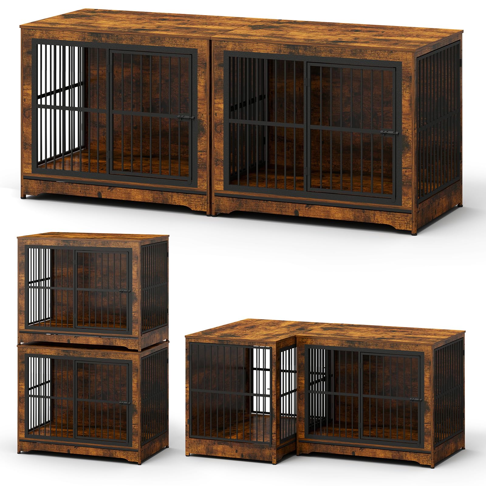 Yafylly 86 Inch Double Dog Crate Furniture with Divider, 4 Combination Forms Large Dog Kennel Furniture for 2 Dogs, Rustic Brown