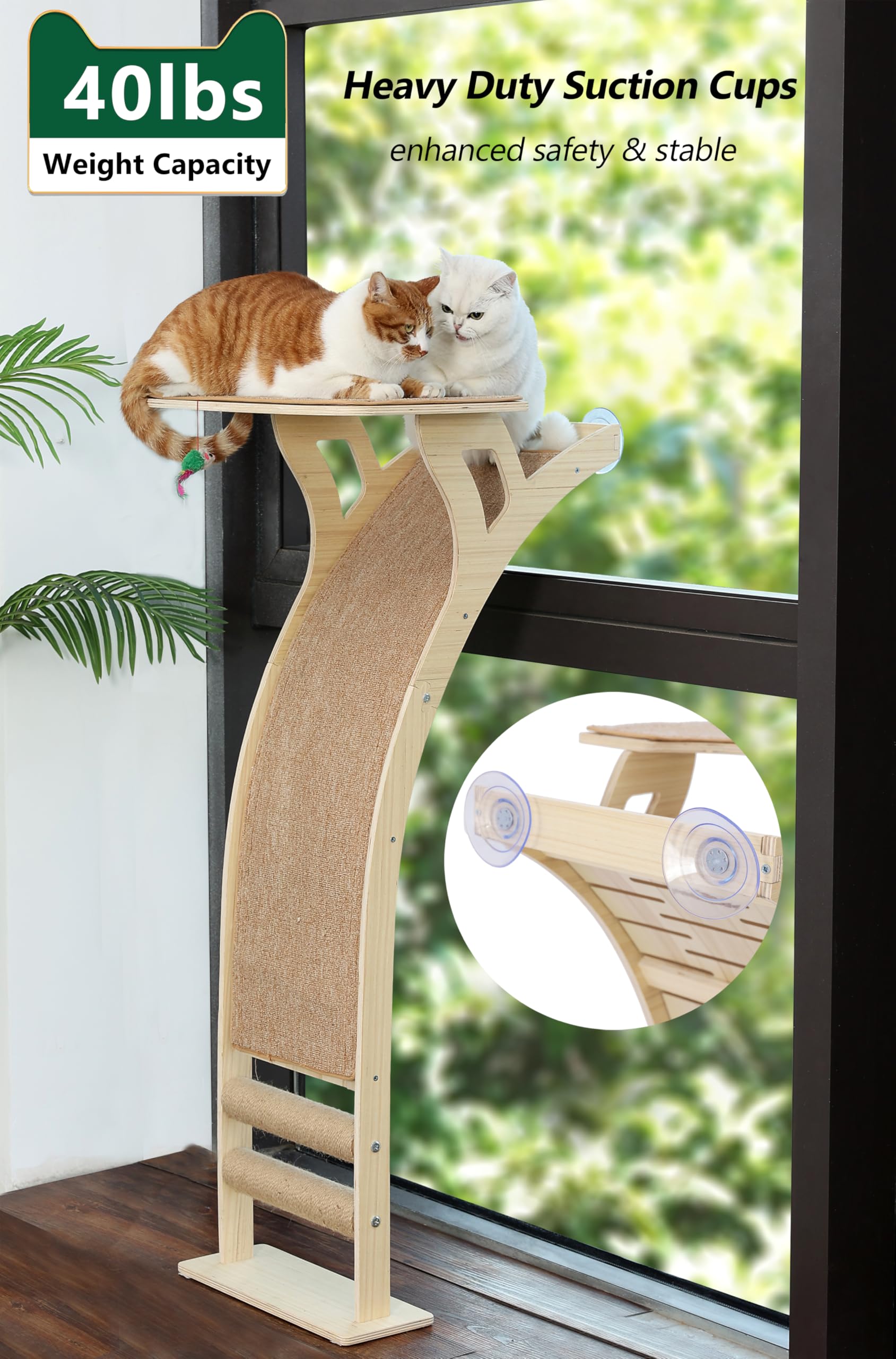 Cat Window Perch With Scratcher Ramp, 48'' Climbing Tree Suctions Cups To Window Maximum Hold Up To 45Lb, Wood Window Shelf For