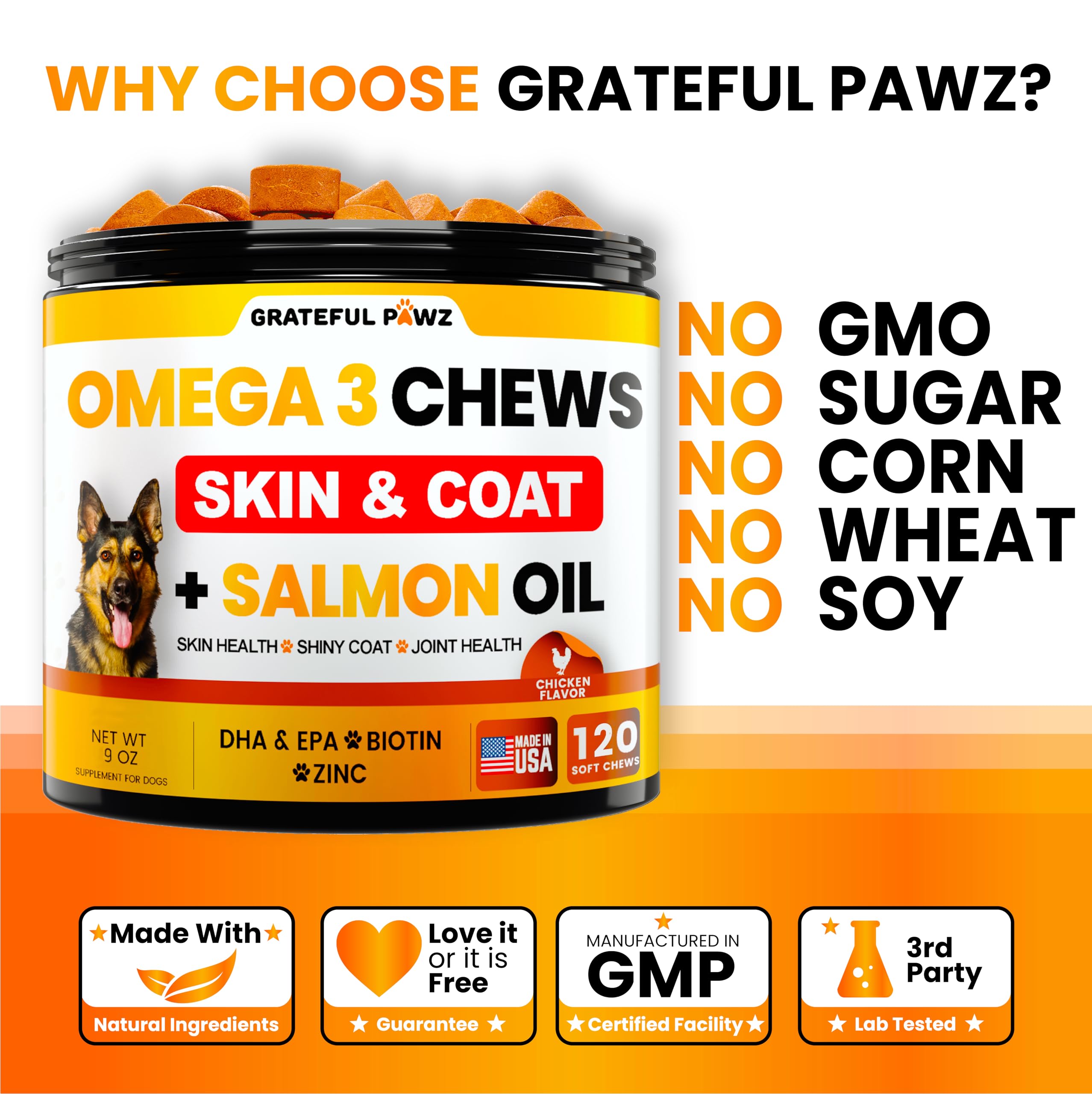 Omega 3 for Dogs - Fish Oil for Dogs Chews - Allergy and Itch Relief - Anti Shedding Supplement - Joint Health Treatment - Dry I