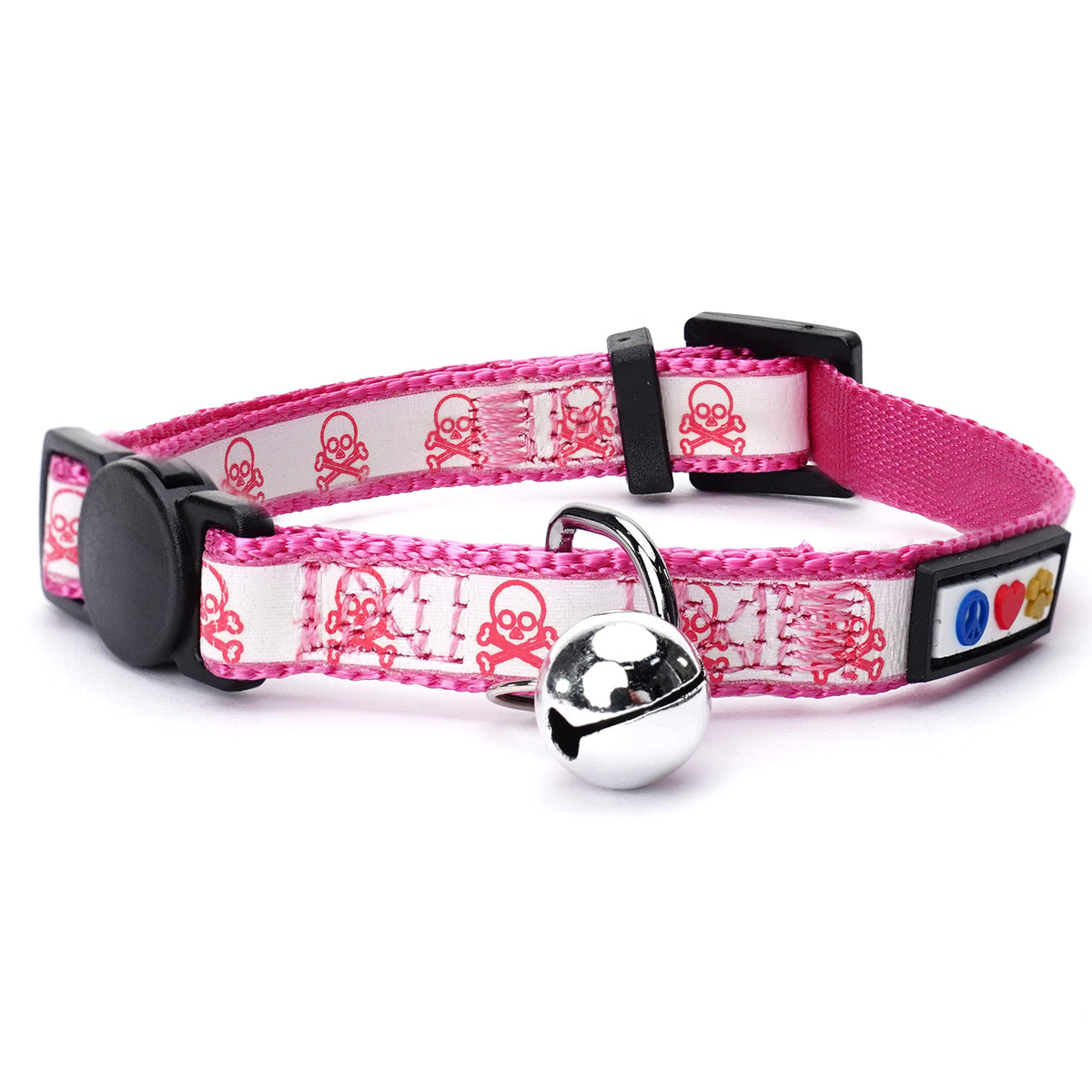 Pawtitas Halloween Cat Collars For Cats Adjustable Collar Glow In The Dark Feature And Safety Breakaway Buckle And Removable Bell To Match Your Halloween Cat'S Costume - Pink Skulls Pattern