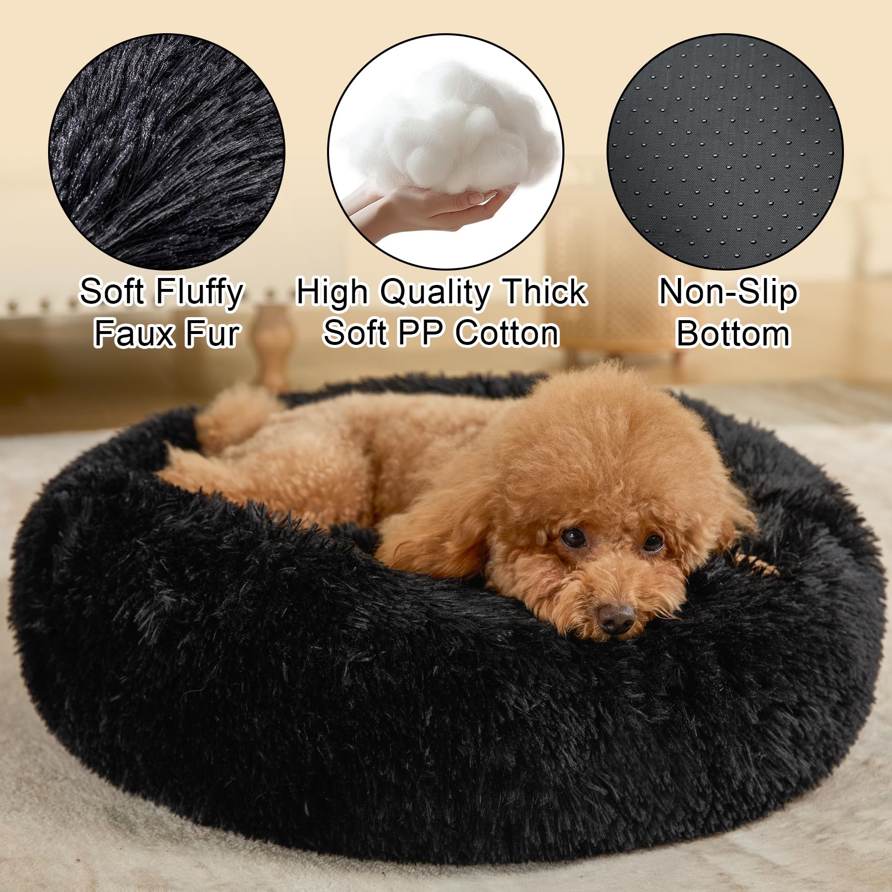 Kimpets Dog Bed Calming Beds For Small Medium Large Dogs - Round Donut Washable Puppy Dog Bed, Anti-Slip Faux Fur Fluffy Donut C