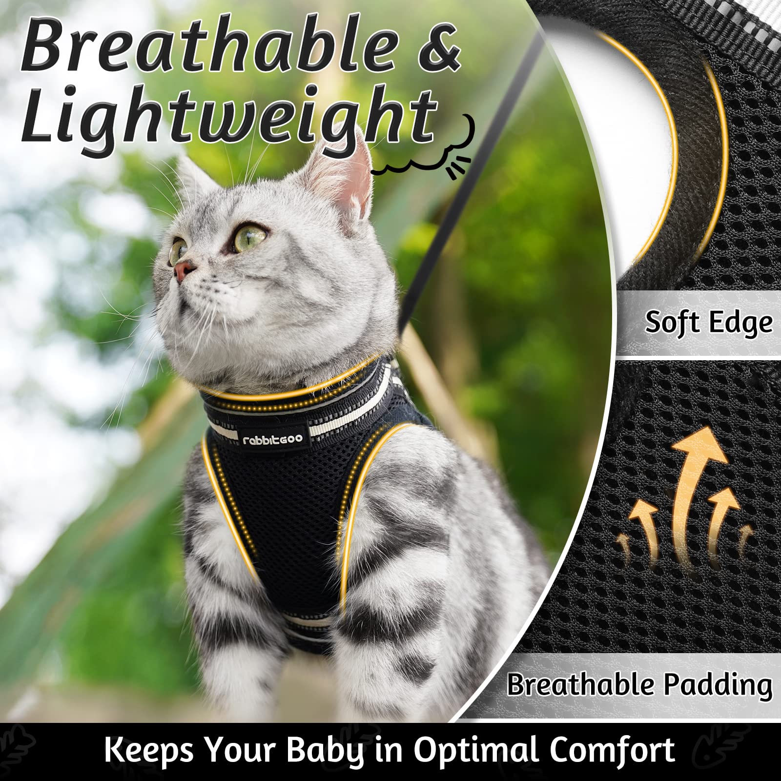 Rabbitgoo Cat Harness And Leash Set For Walking Escape Proof, Adjustable Soft Kittens Vest With Reflective Strip For Cats, Comfortable Outdoor Vest, Bright Yellow, M