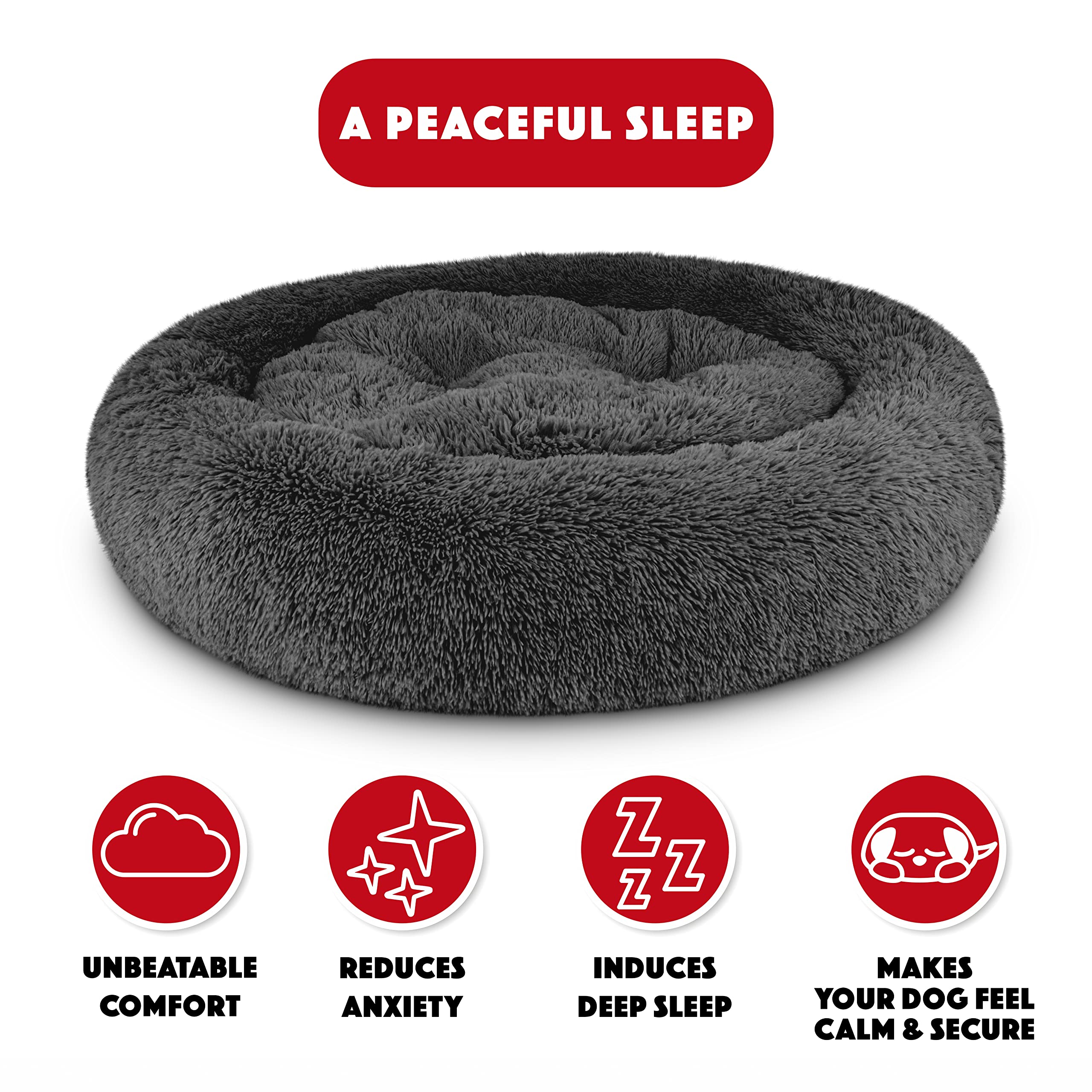 The Dogs Bed Sound Sleep Donut Dog Bed, XL Steel Grey Fur Calming Nest Bed Removable Cover, Veterinary Approved