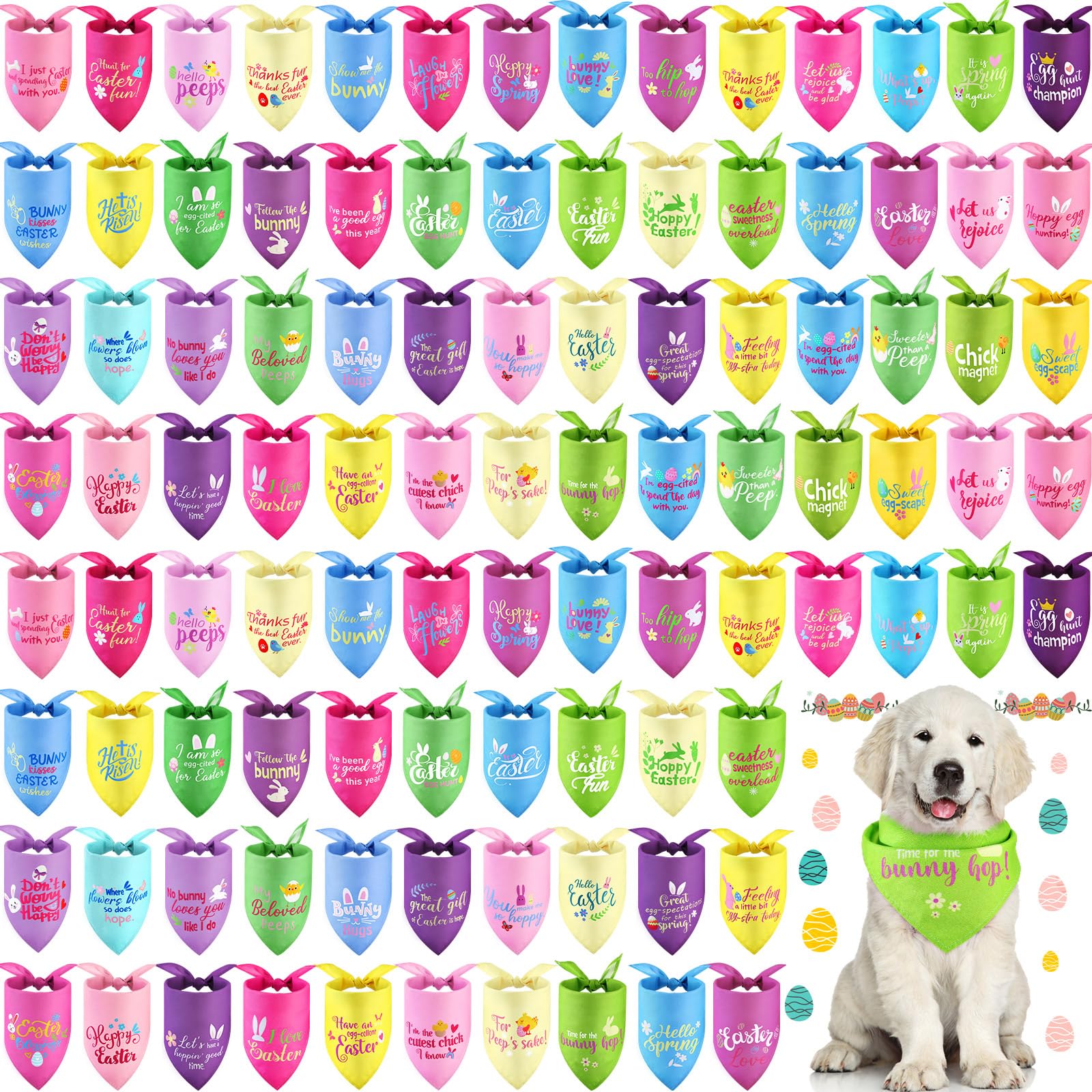 Clysee 100 Pcs Easter Dog Bandana Bulk With Sayings Pet Triangle Scarf Bibs Washable Puppy Kerchief Adjustable Grooming Supplies