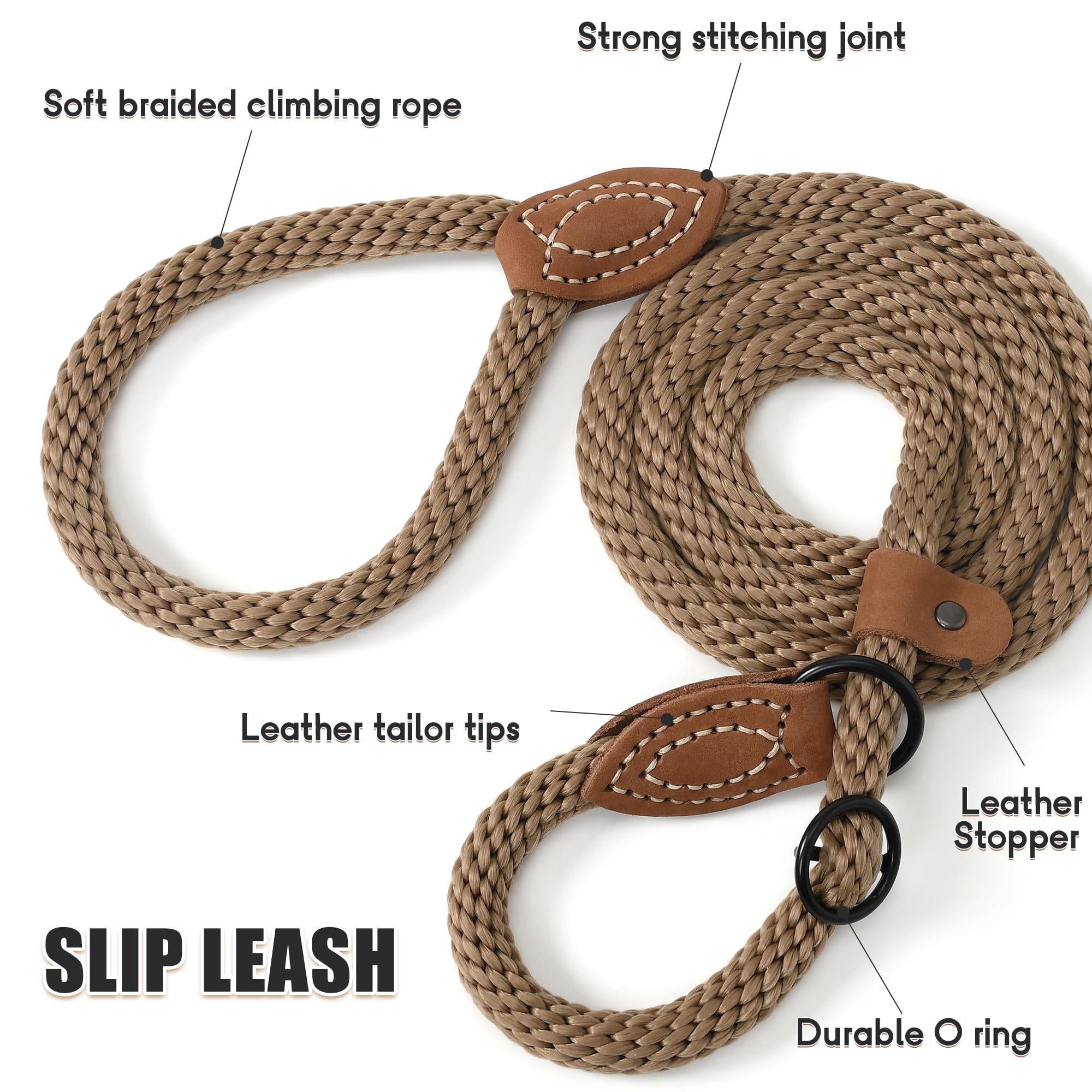 Mile High Life Slip Leads For Dogs | Heavy Duty Dog Training Leash | 4 Feet No Pull Slip Leashes W Leather Tip | Brown Rope Lead For Dogs Outside