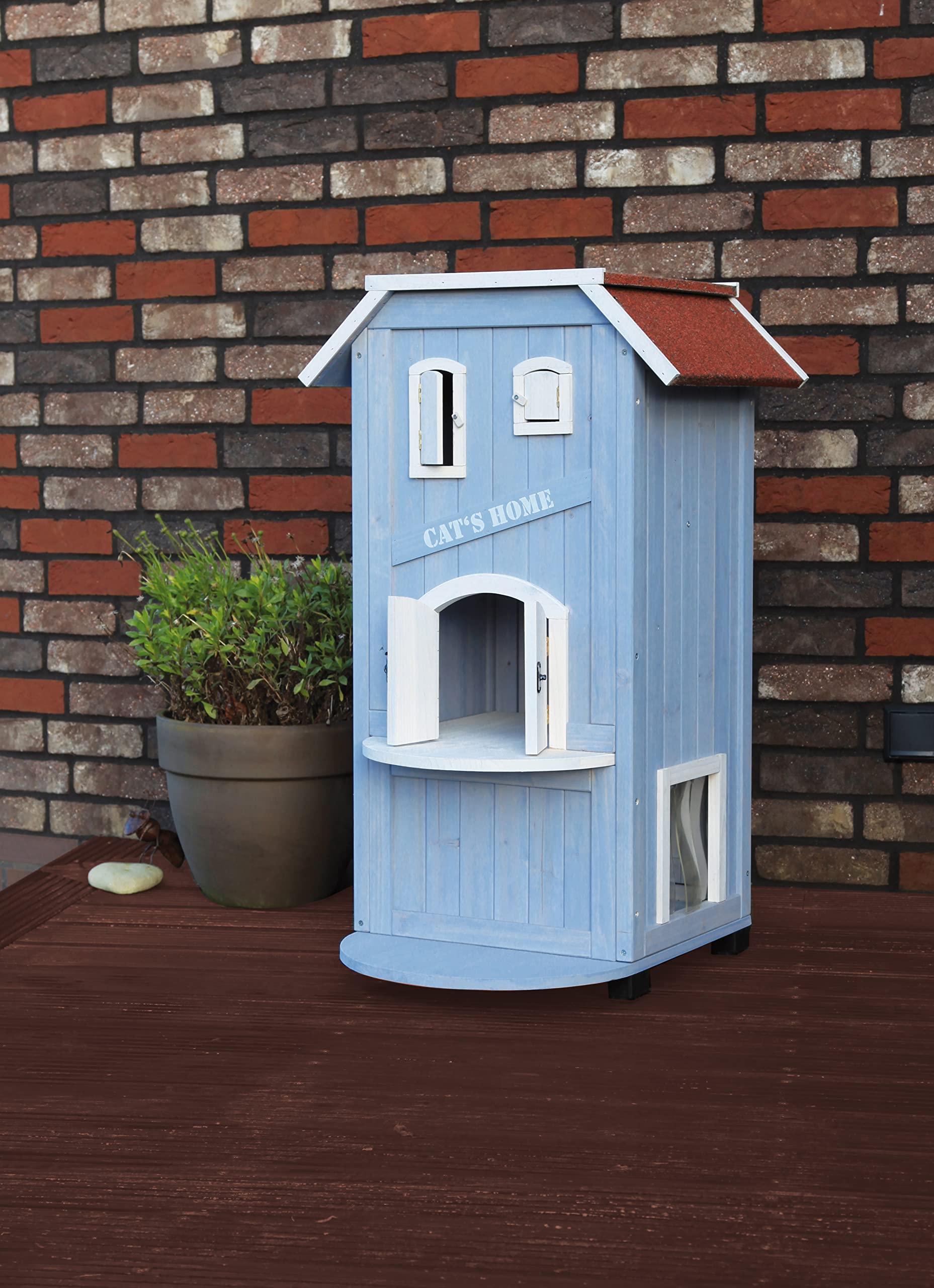 TRIXIE Cats Home Outdoor Cat House, Weatherproof 3-Story Cat House, Hinged Shutters with Latch & Perch, 2 Doors, Outdoor Shel