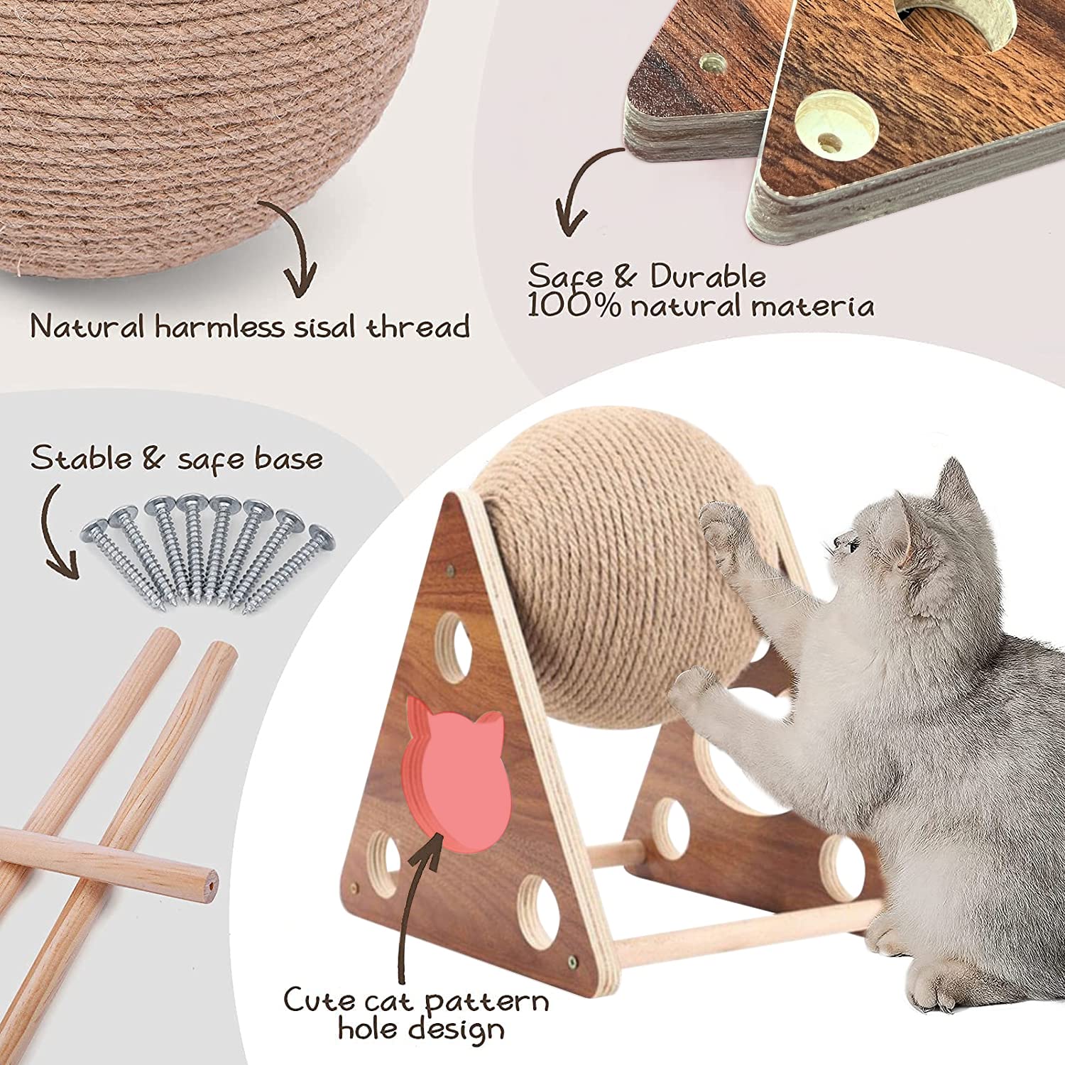 Googgoing Cat Scratcher Toy,Natural Sisal Rope Cat Scratching Ball Scratcher Toy With Ball For Cats& Kittens&Dogs&Puppy, Interactive Solid Wood Scratcher Pet Toy (Medium)