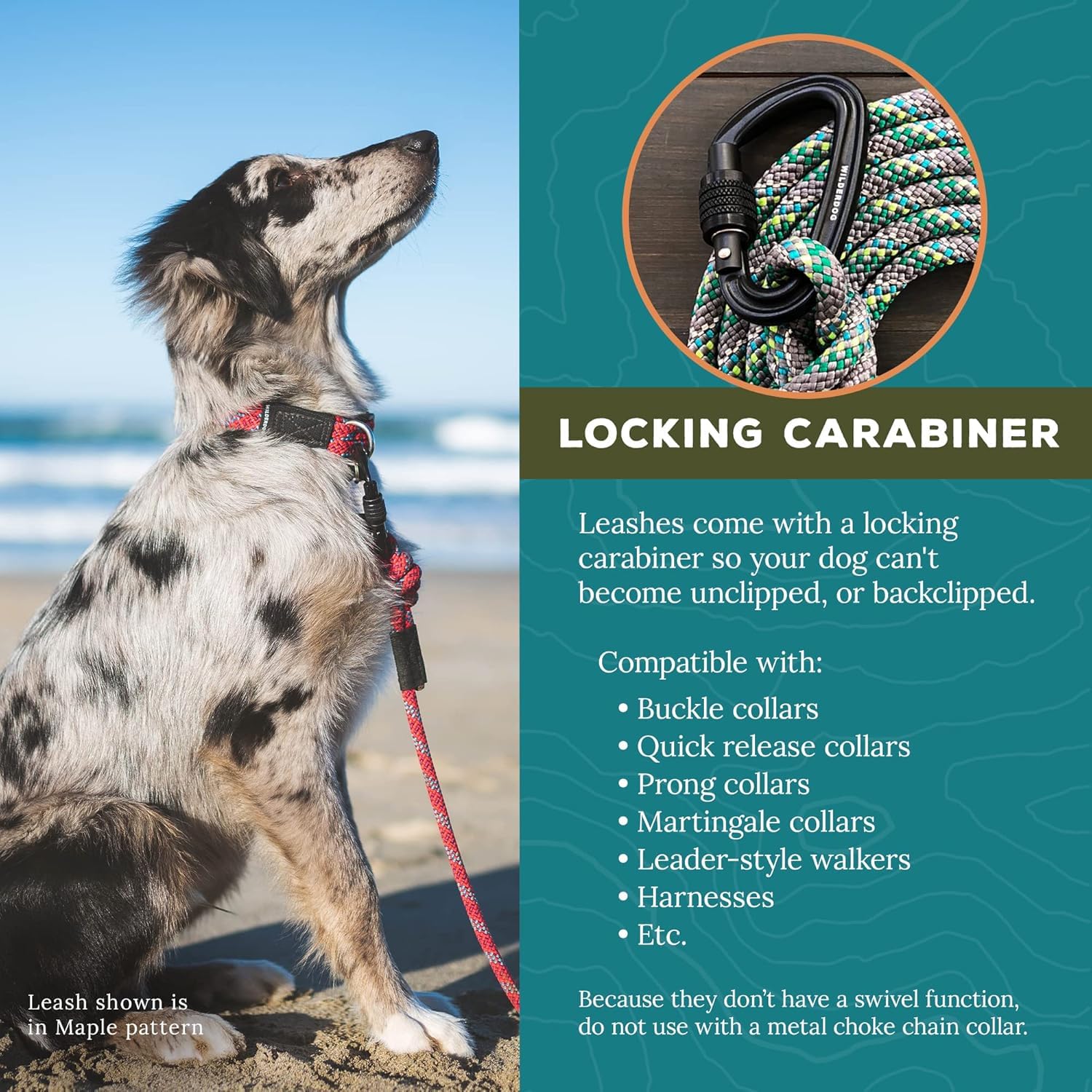 Wilderdog Carabiner Climbing Rope Dog Leash For Medium & Large Dogs - 10Ft - Cascade