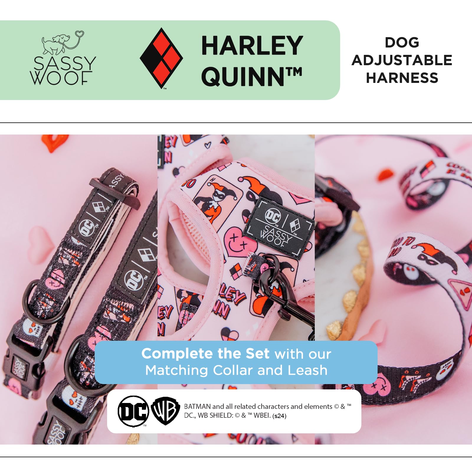 Sassy Woof Dog Adjustable Harness - Harley Quinn - Xs, Breathable Mesh, No Pull Design With Two D-Rings, Patented Design, Perfec