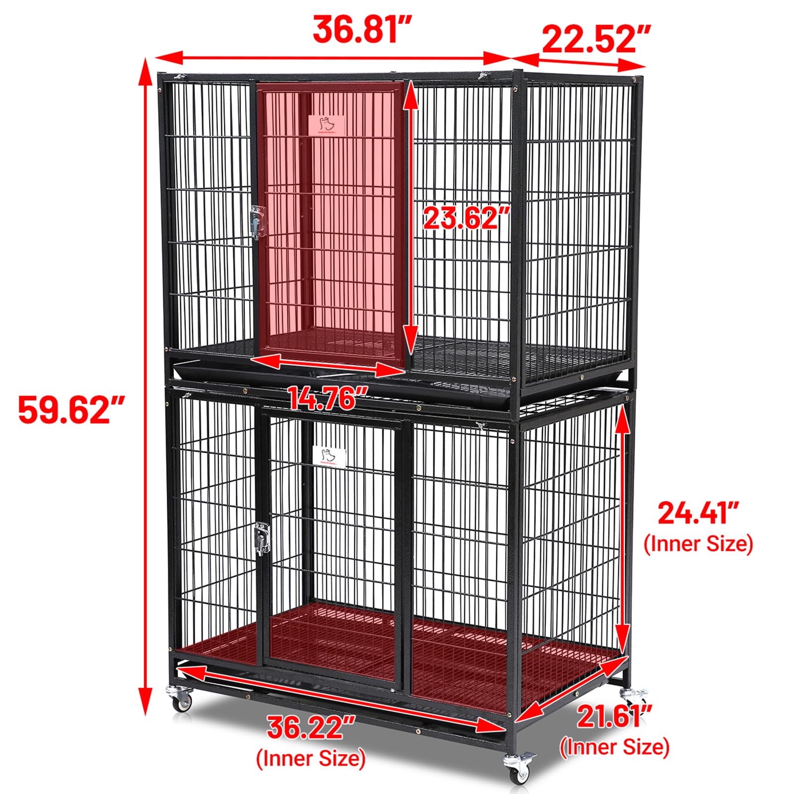 Homey Pet Two Levels 37 Inch Dog Crate, Escape Proof Dog Cage Kennel Indoor With Top Access And Lockable Wheels, Removable Tray,