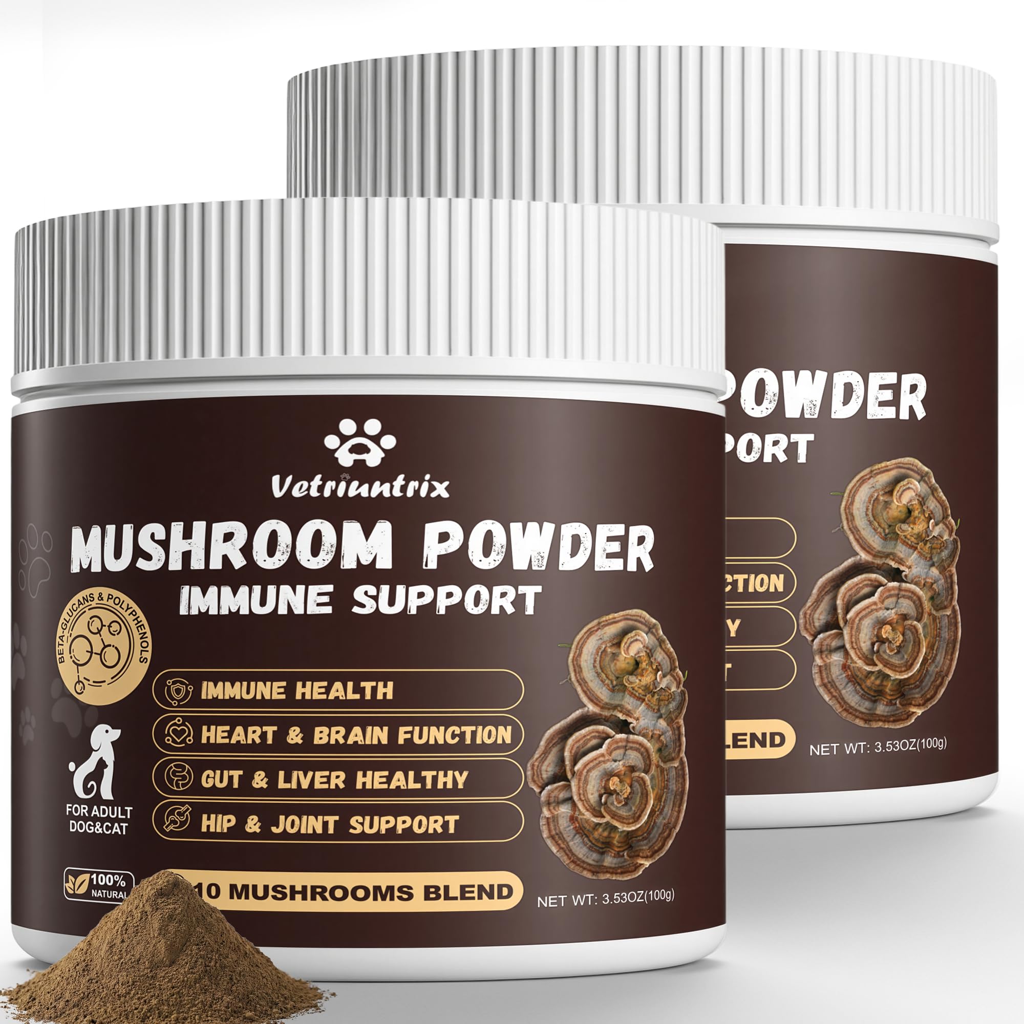 Vetriuntrix Organic Turkey Tail Mushroom for Large Dogs - Over 50% Beta Glucan - 10-in-1 Mushroom Powder for Immune & Gut Suppor