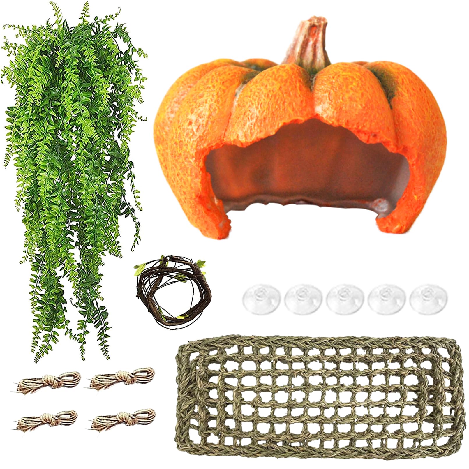 MUYG Reptile Resin Pumpkin Hut, Crested Gecko Habitat Hideout Cave Bearded Dragon Hammock Lizard Natural Seagrass Lounger Leopar