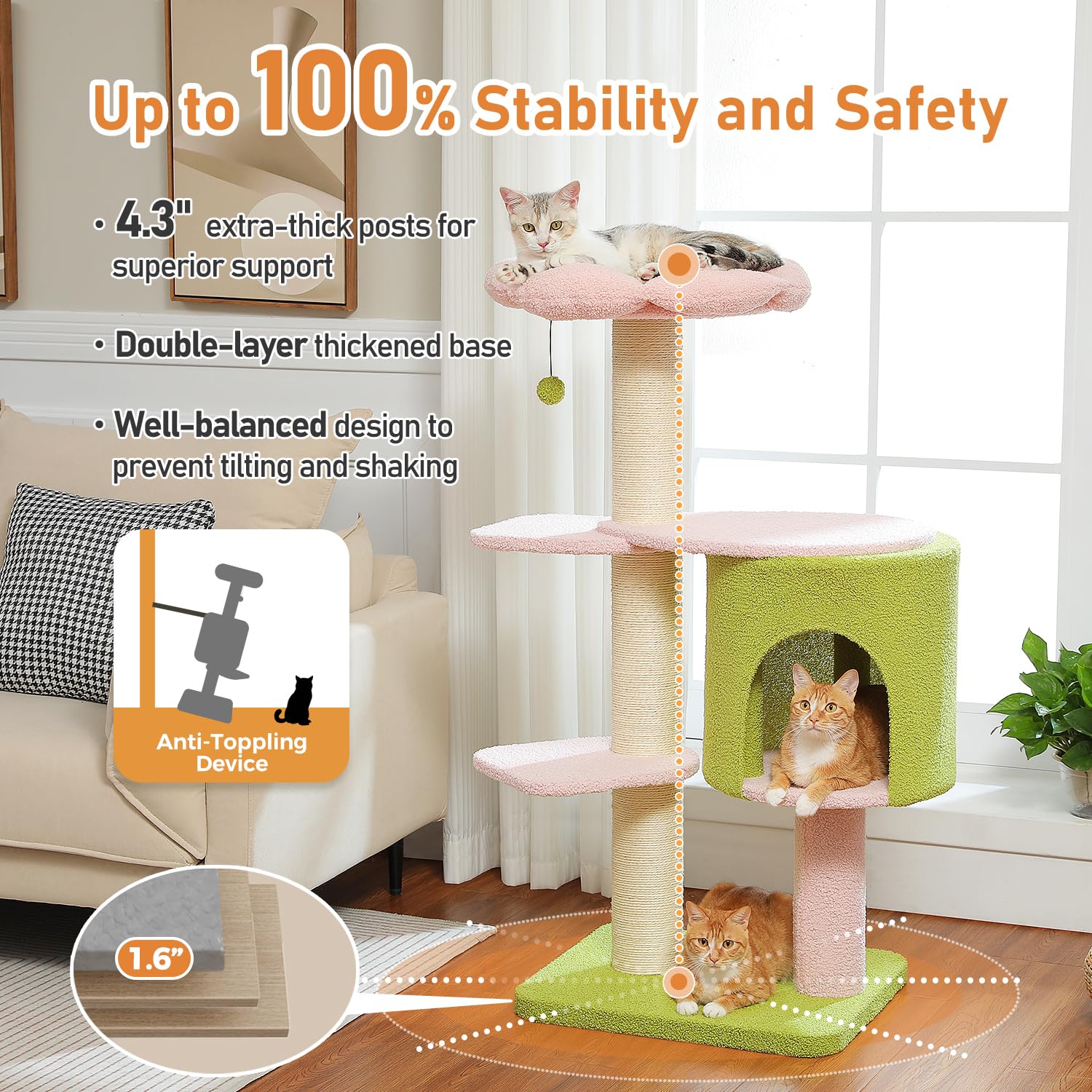 Muttros 50'' Pink Flower Cat Tree For Large Heavy Cats, Maine Coon Cat Tower With Extra Thick Scratching Posts (F4.3In), Spaciou