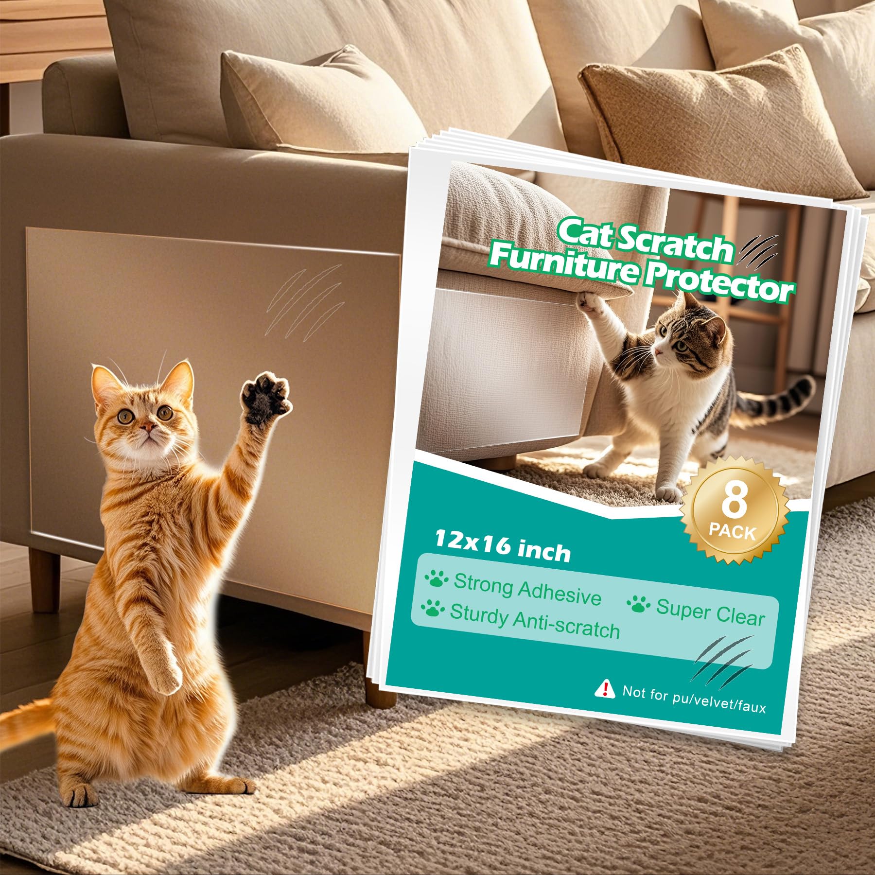 Wawiny Cat & Dog Scratch Protector 8-Pack (12''X16''/30X40Cm) - Clear Self-Adhesive Furniture Tape, Cut To Fit, No Residue Remov