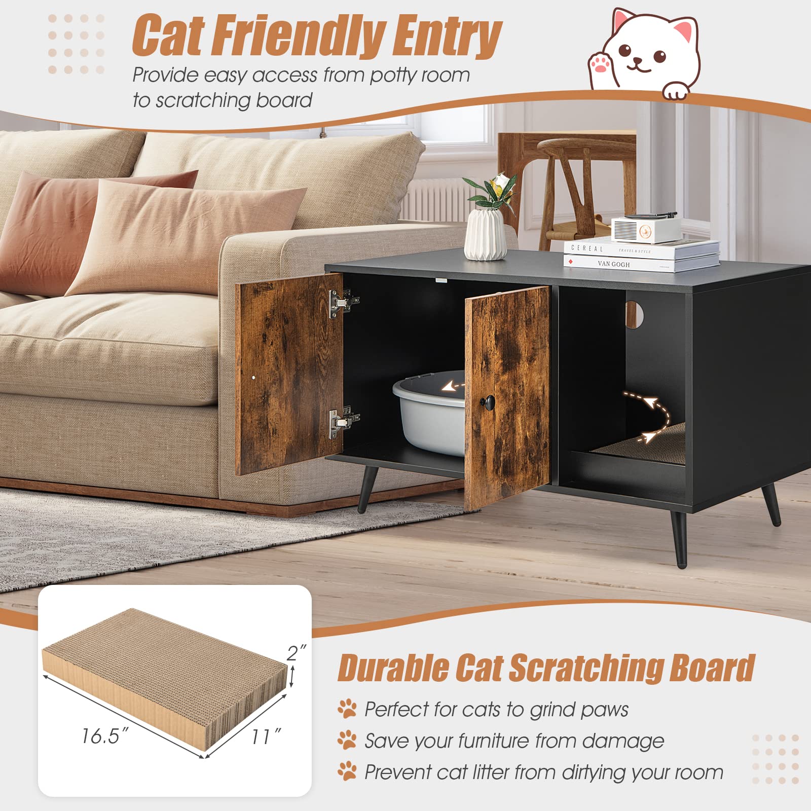 Petsite Litter Box Enclosure, Wooden Hidden Litter Box Furniture With Cabinet & Scratching Pad, Stackable Cat Washroom Pet House