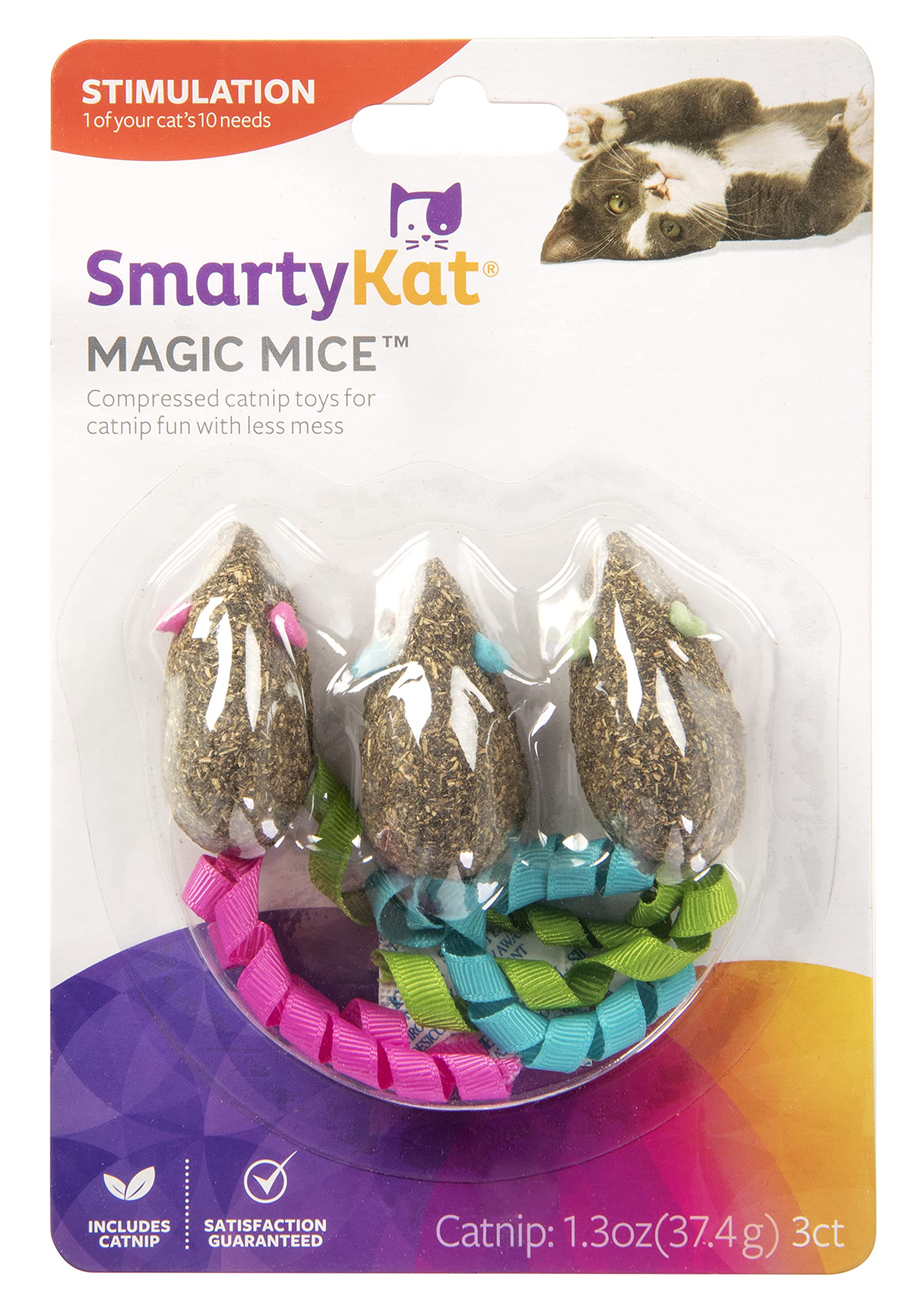 Smartykat (3 Count) Magic Mice Compressed Catnip Ribbon Cat Toys - Green/Pink/Blue, 3 Count