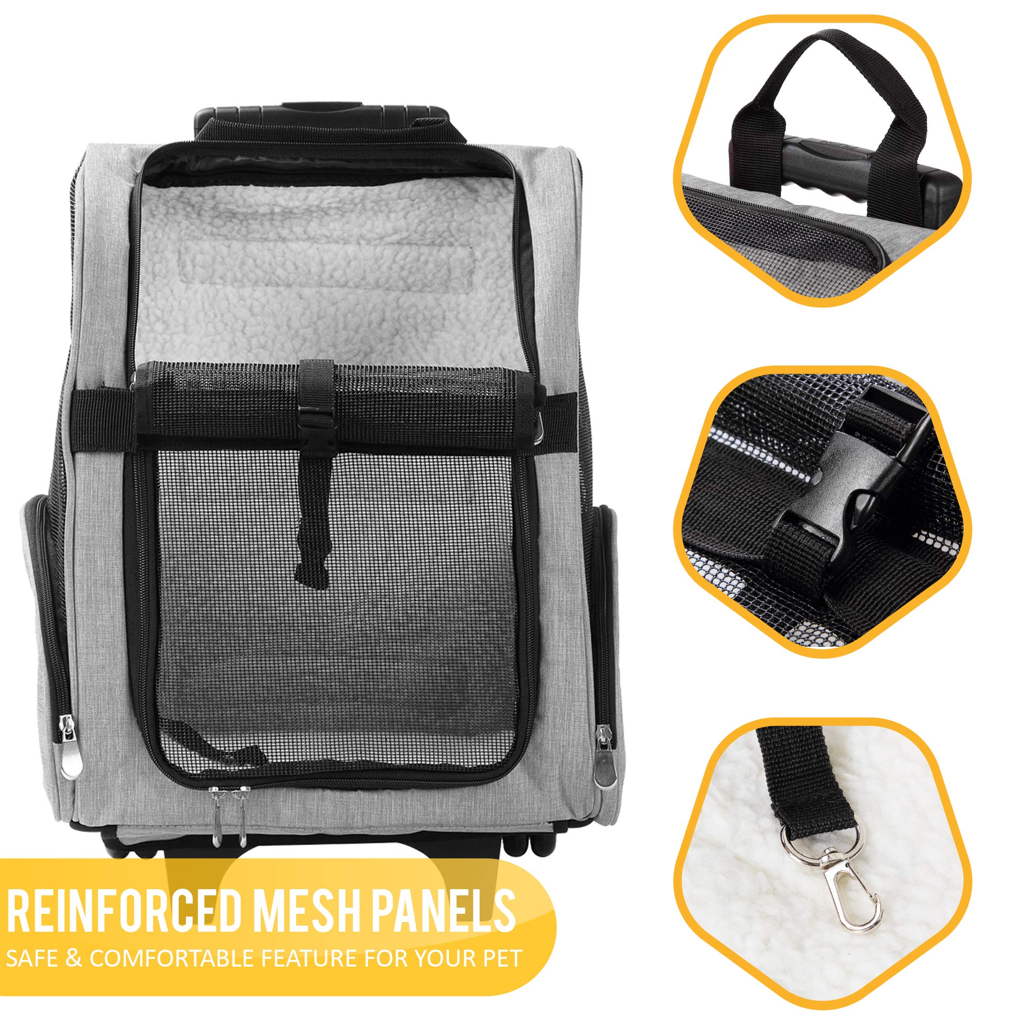 Kopeks Deluxe Backpack Pet Travel Carrier With Double Wheels - Heather Gray - Approved By Most Airlines