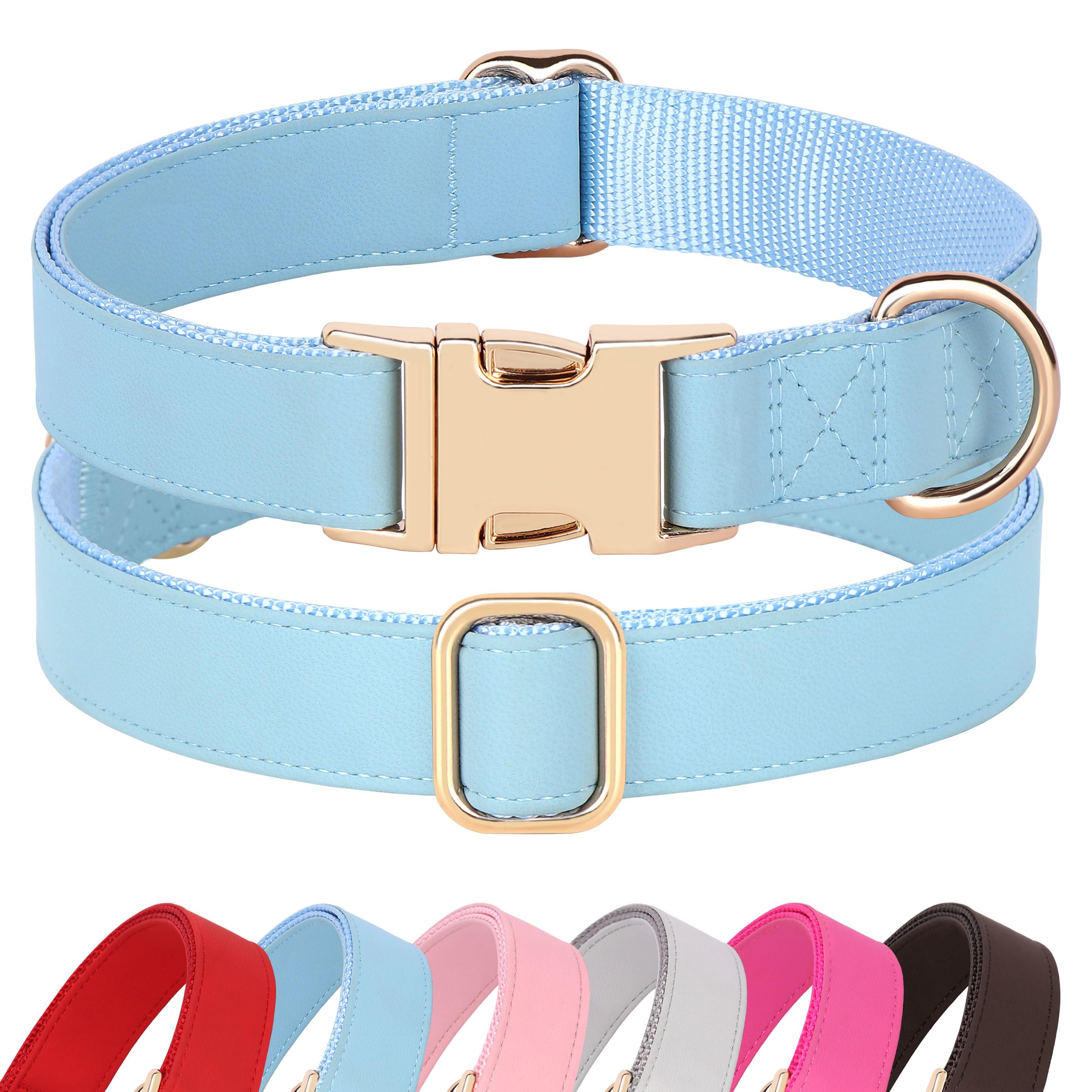 Pet Artist Charming Nylon Dog Collar With Leather Soft Comfy Elegant Nylon Collars For Dogs Small Medium Large 4 Bright Solid Color For Choosing Blue Red Brown Grey (Blue,Neck Fit 13-19'')