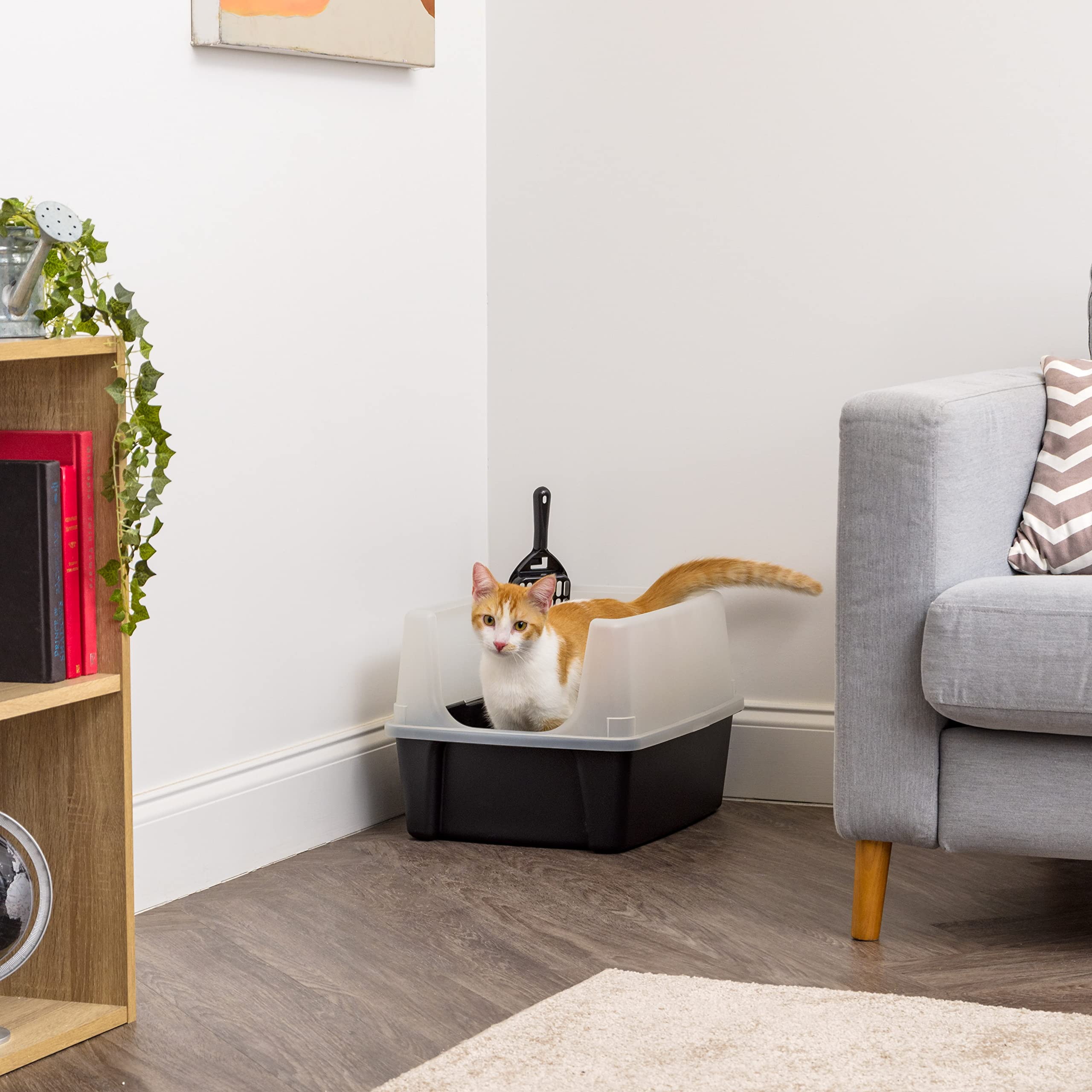 Iris Usa Large Cat Litter Box With Scatter Shield And Scoop, Open Top High Sided Cat Litter Pan, Black