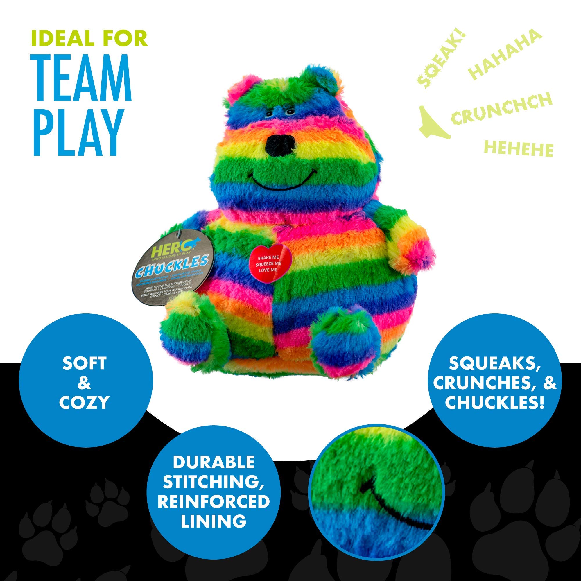 Hero Rainbow Bear Plush Dog Toy - Durable Squeaky Toy with 3-in-1 Squeaker, Model 64238