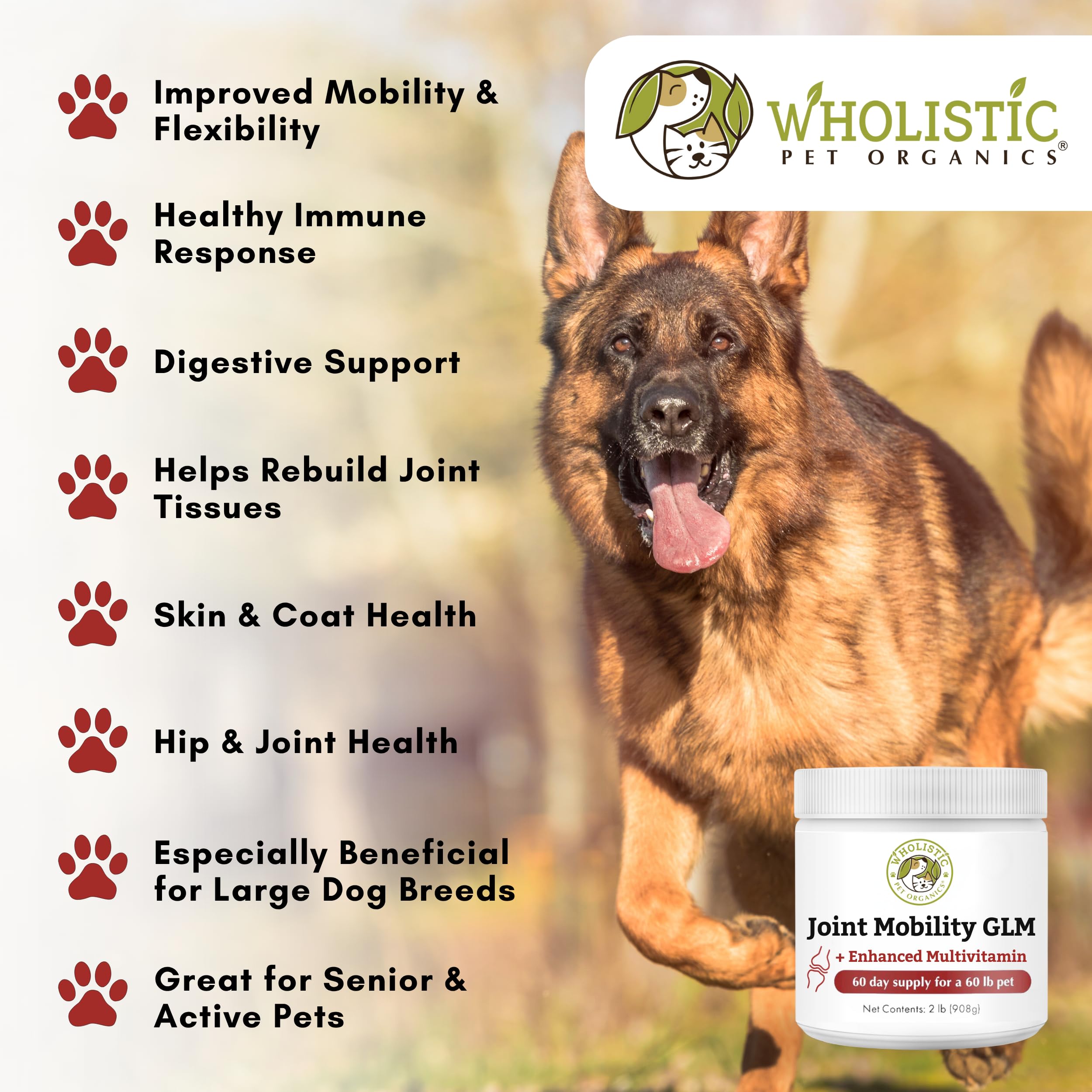 Wholistic Pet Organics Joint Mobility GLM - 2 Lb - Hip and Joint Supplement for Dogs - Glucosamine for Dogs - Chondroitin Supple