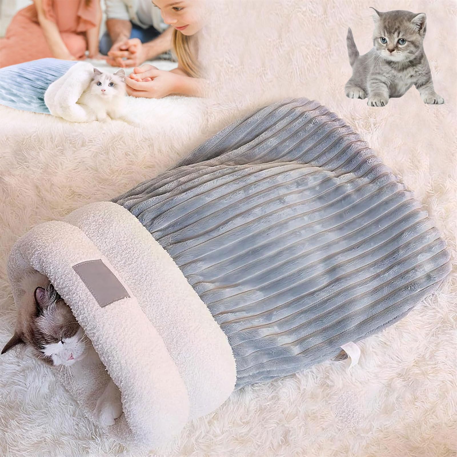 Cozy Plush Cat Sleeping Bag For Indoor Cats Soft Self-Warming Cat Bed Cave, Fluffy Tunnel Hideaway For Cats Up To 6.6 Lbs (3 Kg)