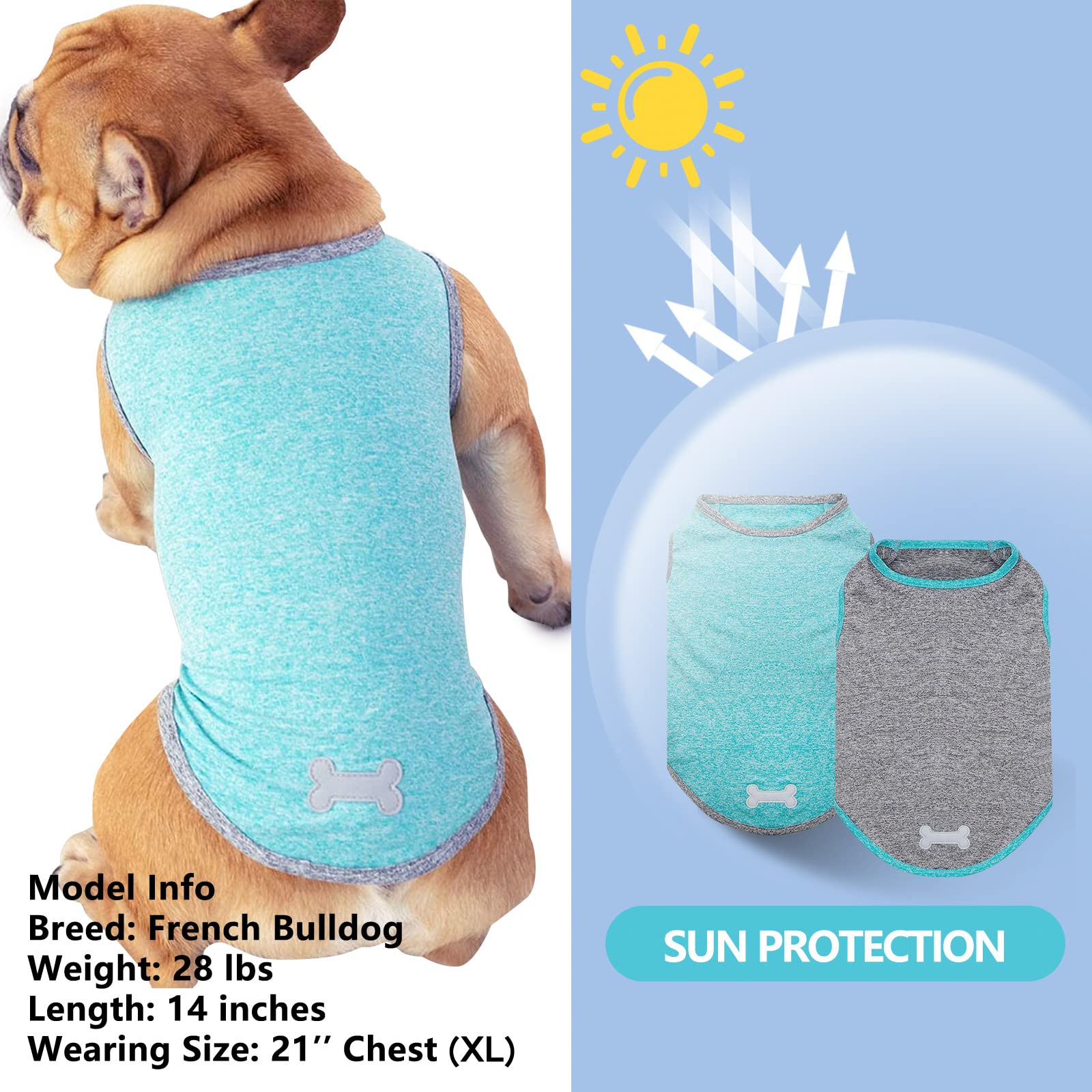 Kyeese 2 Pack Dog Shirts Quick Dry Soft Stretchy Sun Protection Dog T-Shirts With Reflective Label Tank Top Sleeveless Vest Dog Clothes For Small Medium Dogs, X-Large, Grey+Blue
