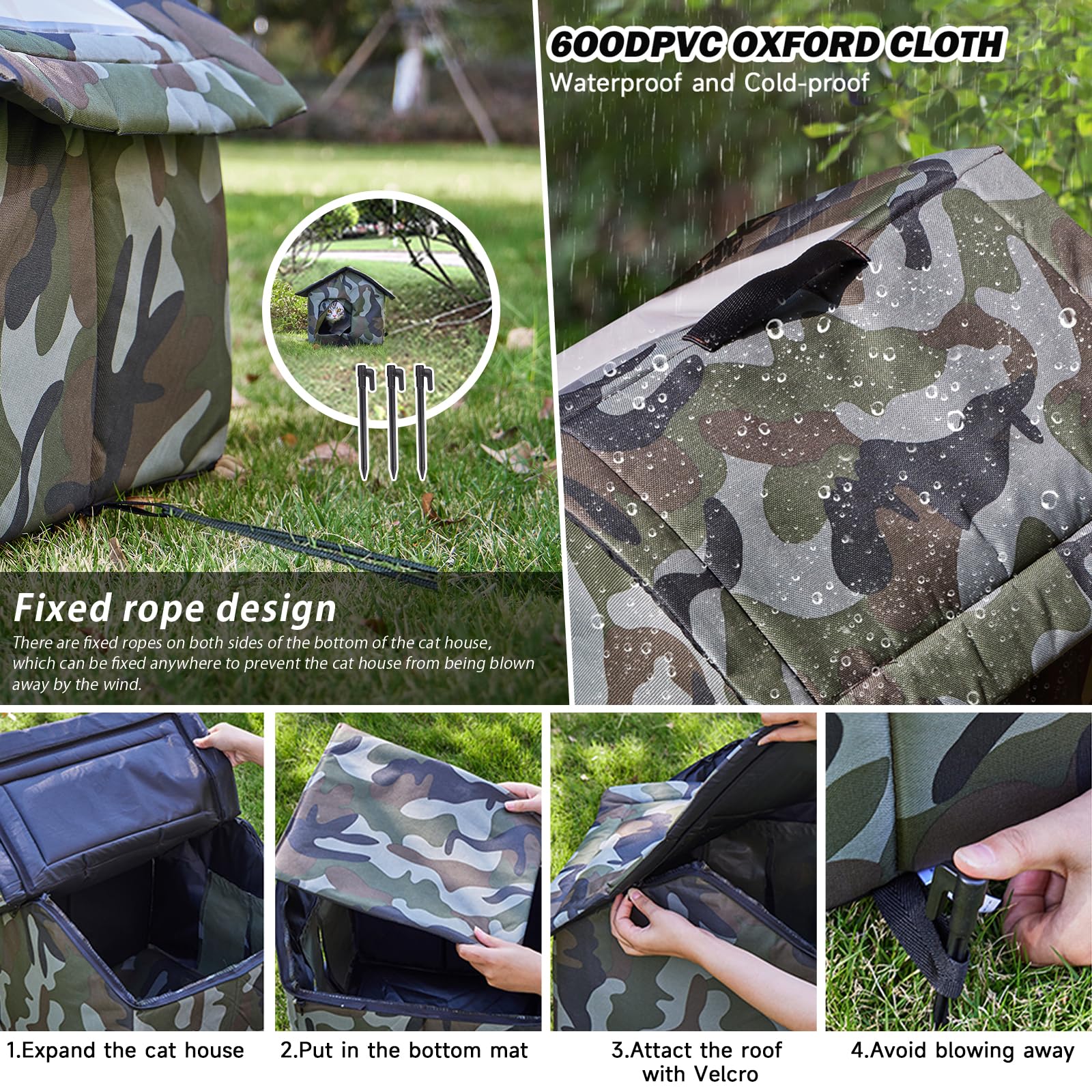 Whdpets Cat House For Outdoor Cats, Weatherproof Feral Cat House With Mat And Doors, Easy To Put Together, Collapsible Warm Pet