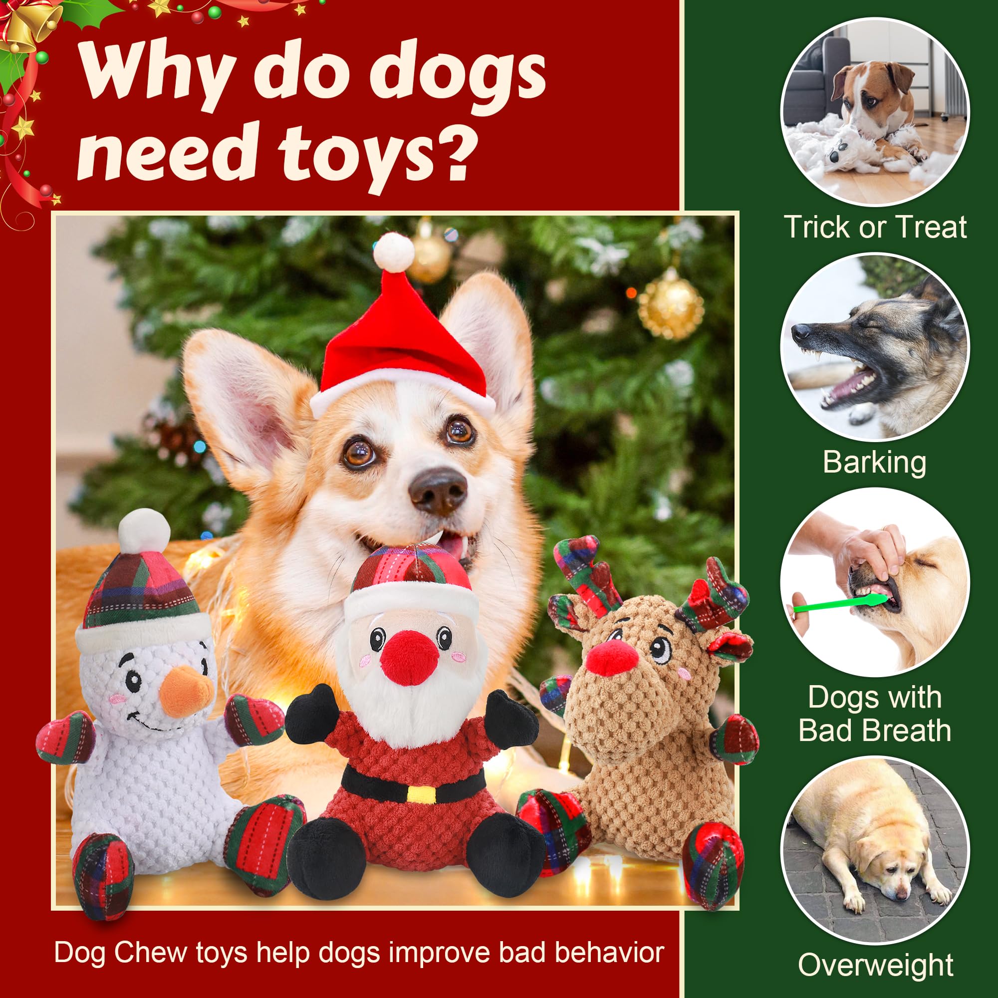 Newget Squeaky Dog Toys, 3 Pack Dog Chew Toys With Crinkle Paper For Puppy, Small, Medium, Large Dogs, Interactive Pet Holiday T