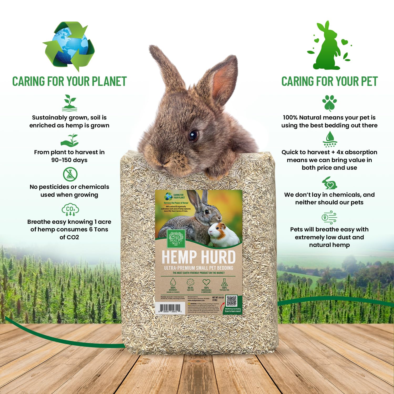 Small Pet Select Hemp HURD Ultra-Premium Small Pet Bedding, Biodegradable Animal Bedding, Eco Friendly Odor Control for Rabbits,