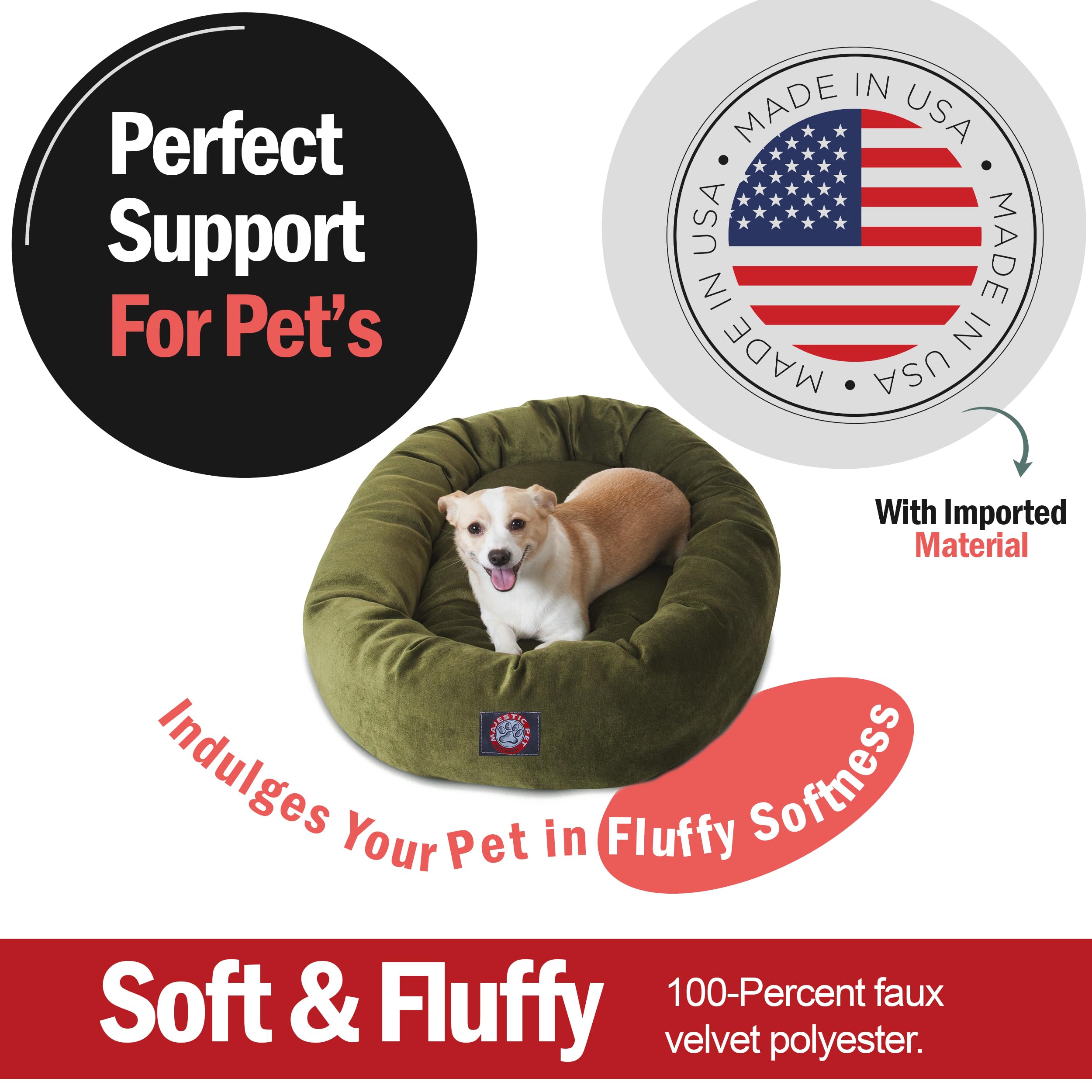 Majestic Pet 32 Inch Micro Velvet Calming Dog Bed Washable – Cozy Soft Round Dog Bed With Spine For Head Support - Fluffy Donut Dog Bed 32X23X7 (Inch) – Round Pet Bed Medium – Fern