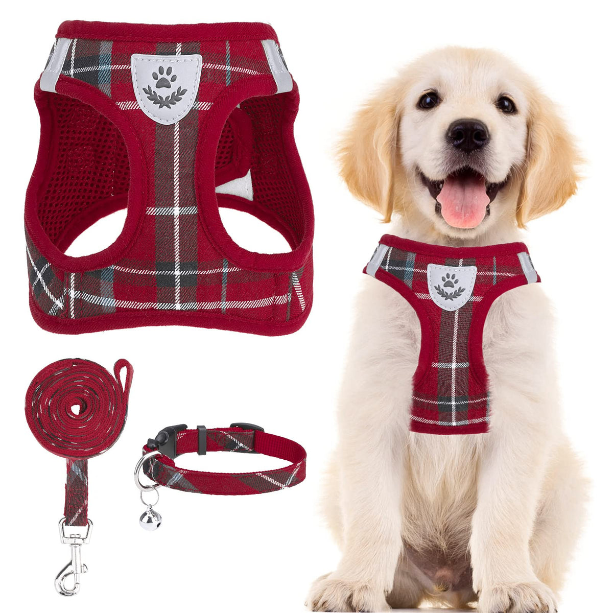 Pupteck Adjustable Dog Harness Collar And Leash Set Step In No Pull Pet Harness For Small Medium Dogs Puppy And Cats Outdoor Walking Running, Soft Mesh Padded Reflective Vest Harnesses, Red Xs
