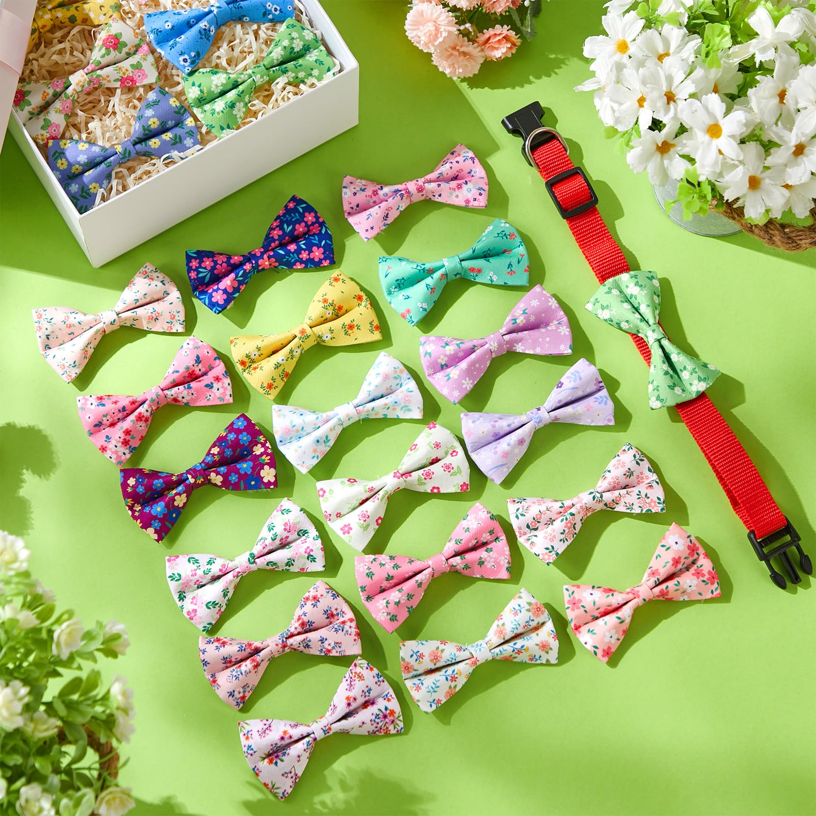 Hillban 50 Pieces Floral Collar Dog Bow Ties Flower Dog Collar Accessories Bow Ties Attachment With Elastic Bands Detachable Cha