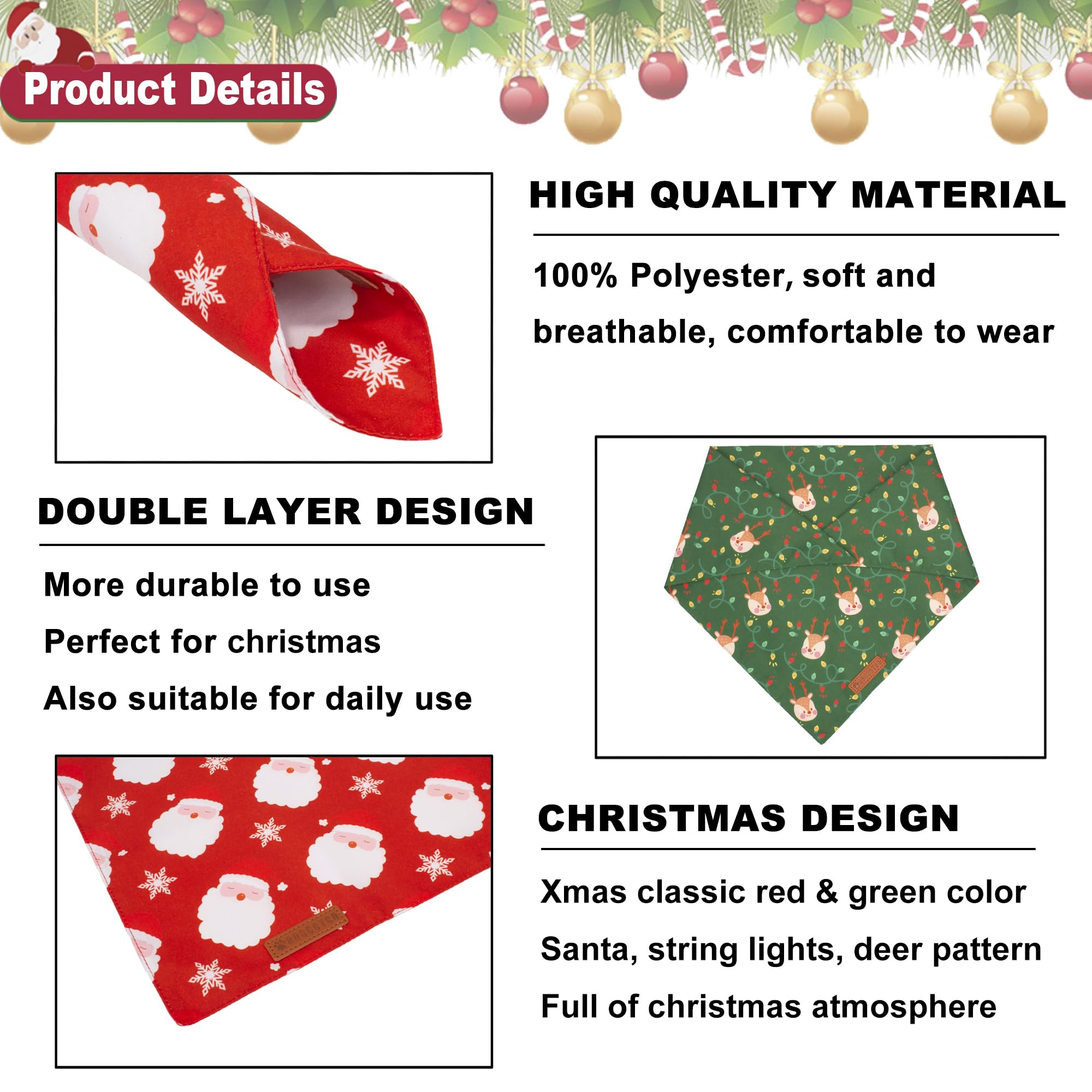 ADOGGYGO Christmas Dog Bandanas 2 Pack, Santa Deer Pattern Pet Xmas Scarf Bib, Premium Durable Fabric, Pet Christmas Bandanas fo
