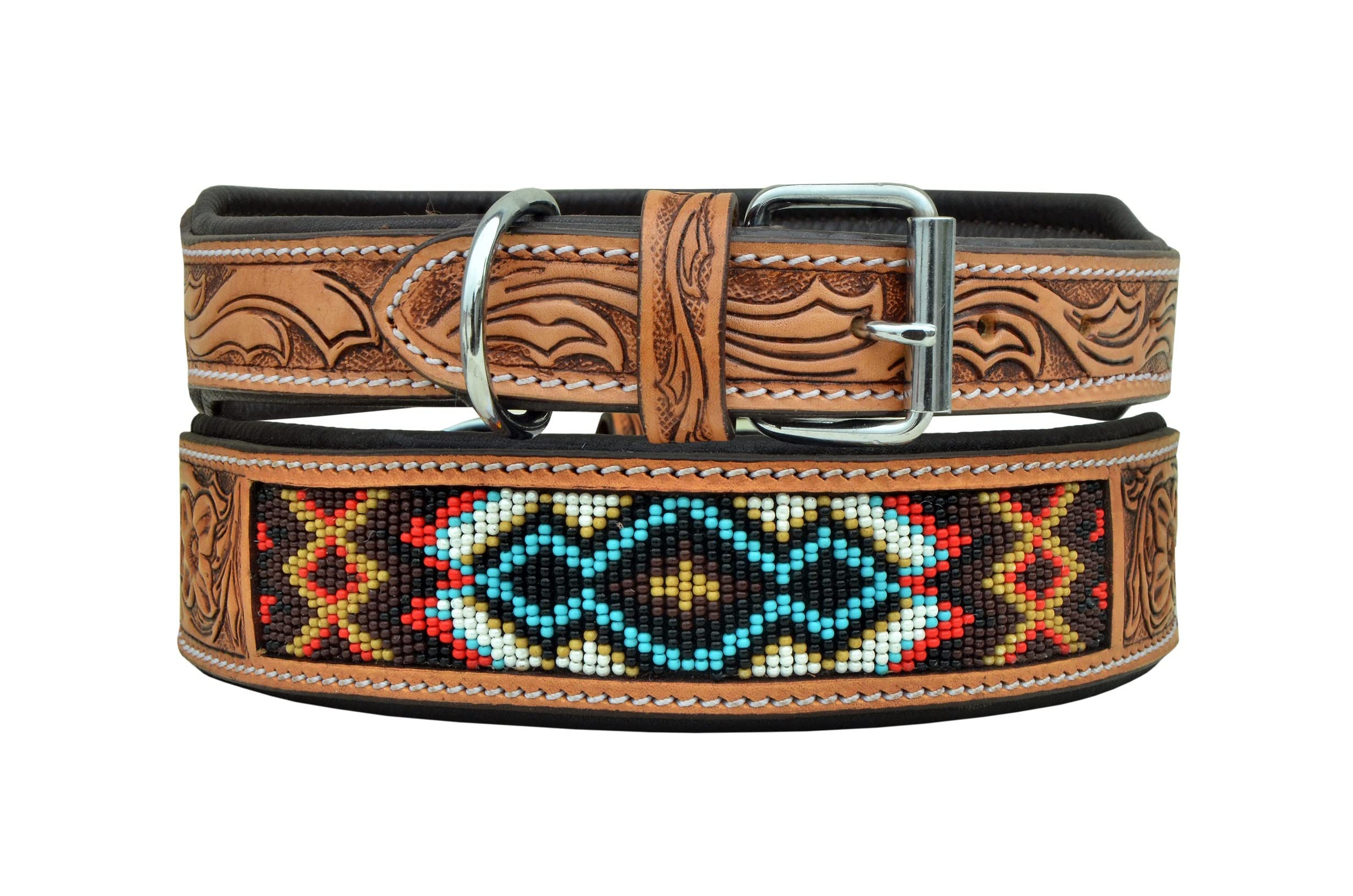 Leather Dog Collar Small Size Western Style Heavy Duty Hand Tooled Adjustable Beaded And Padded Soft For Puppies And Big Dogs 10