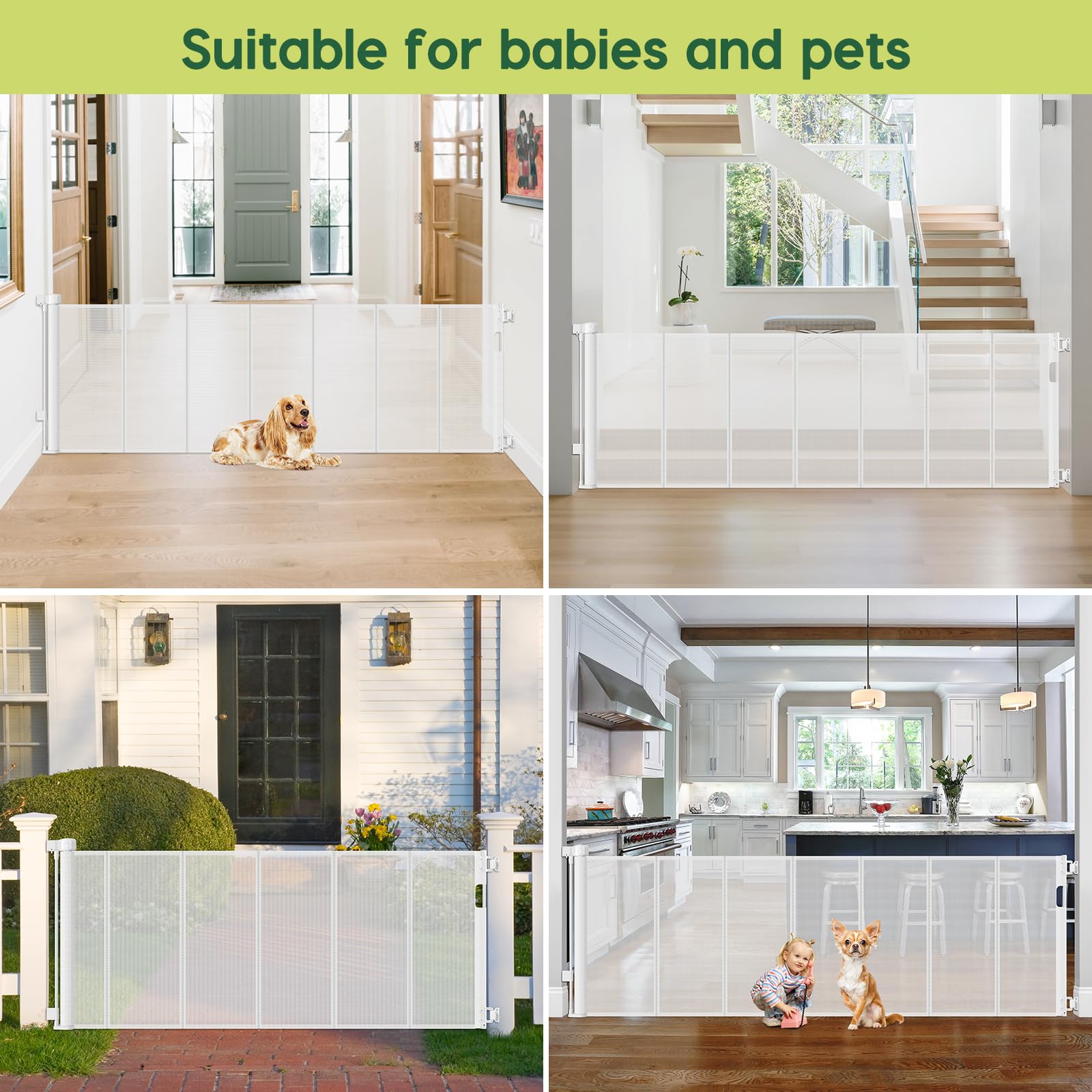 Reinforced 80 Inch Extra Wide Retractable Baby Gate with Support Rods, Indoor/Outdoor Retractable Pet Gates for Wide Openings, 3