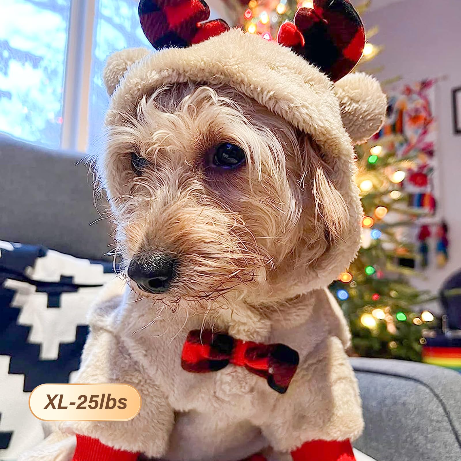 Kyeese Holiday Dog Pajama Christmas Reindeer With Bowtie Red Buffalo Check Small Dog Pajamas Plaid Pet Pajamas,X-Large